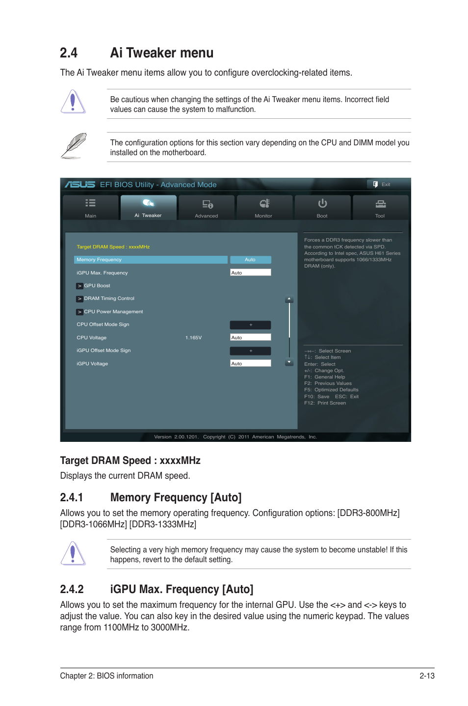 4 ai tweaker menu, 1 memory frequency [auto, 2 igpu max. frequency [auto | Ai tweaker menu -13 2.4.1, Memory frequency [auto] -13, Igpu max. frequency [auto] -13, Displays the current dram speed, Chapter 2: bios information 2-13 | Asus P8H61-M2 USB3 User Manual | Page 45 / 62