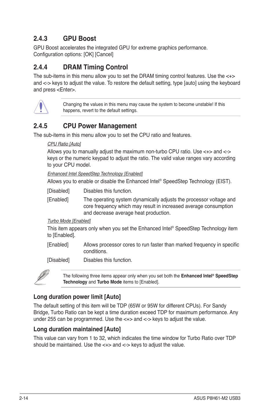 3 gpu boost, 4 dram timing control, 5 cpu power management | Gpu boost -14, Dram timing control -14, Cpu power management -14 | Asus P8H61-M2 USB3 User Manual | Page 46 / 62