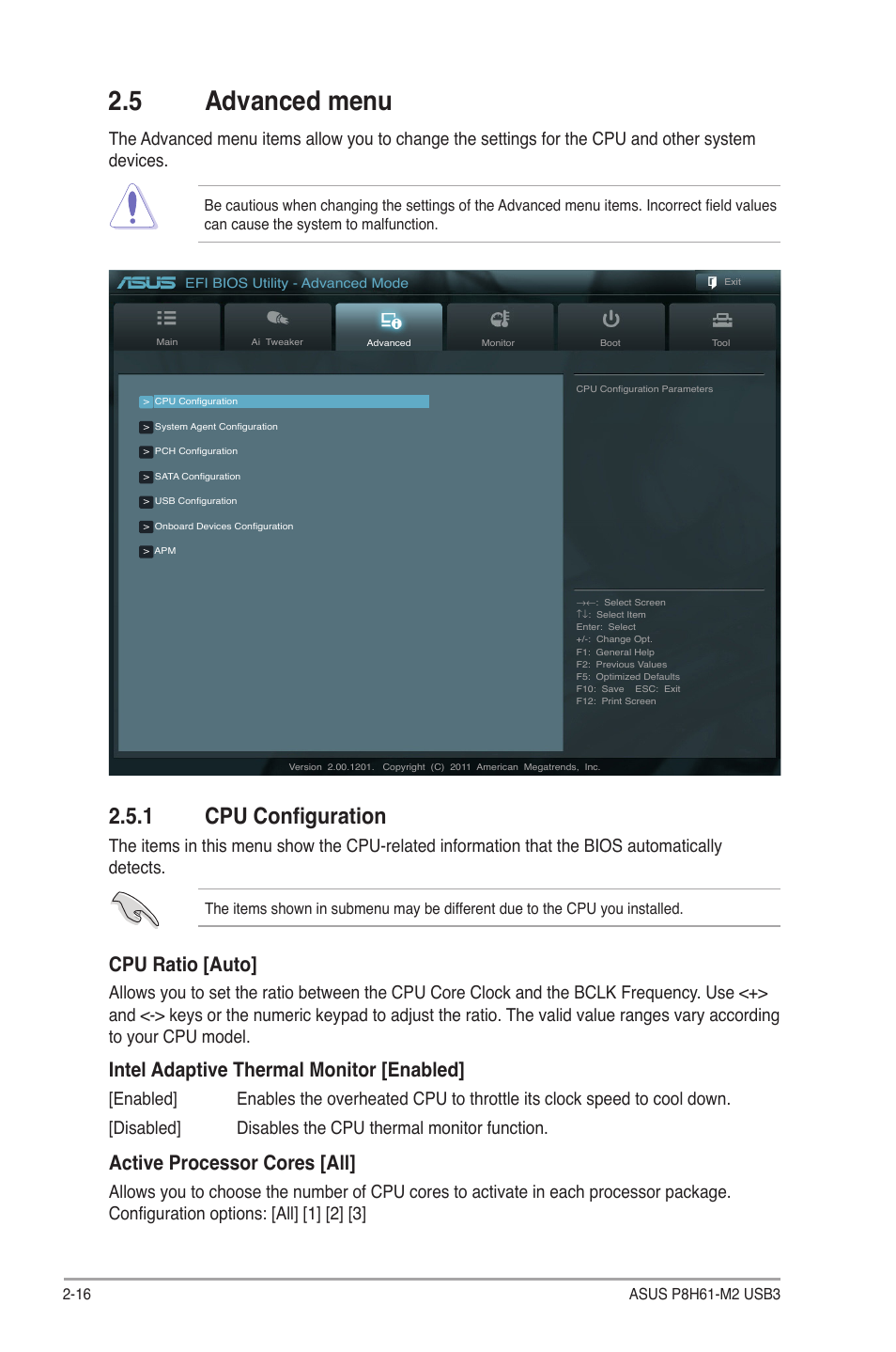 5 advanced menu, 1 cpu configuration, Advanced menu -16 2.5.1 | Cpu configuration -16, Cpu ratio [auto, Intel adaptive thermal monitor [enabled, Active processor cores [all | Asus P8H61-M2 USB3 User Manual | Page 48 / 62