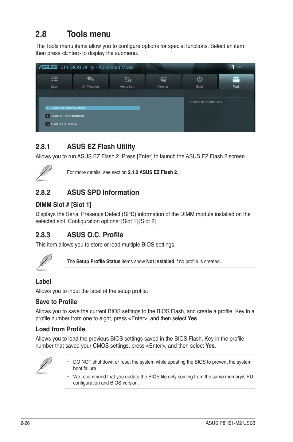 8 tools menu, 1 asus ez flash utility, 2 asus spd information | 3 asus o.c. profile, Tools menu -26 2.8.1, Asus ez flash utility -26, Asus spd information -26, Asus o.c. profile -26, Dimm slot # [slot 1, Label | Asus P8H61-M2 USB3 User Manual | Page 58 / 62