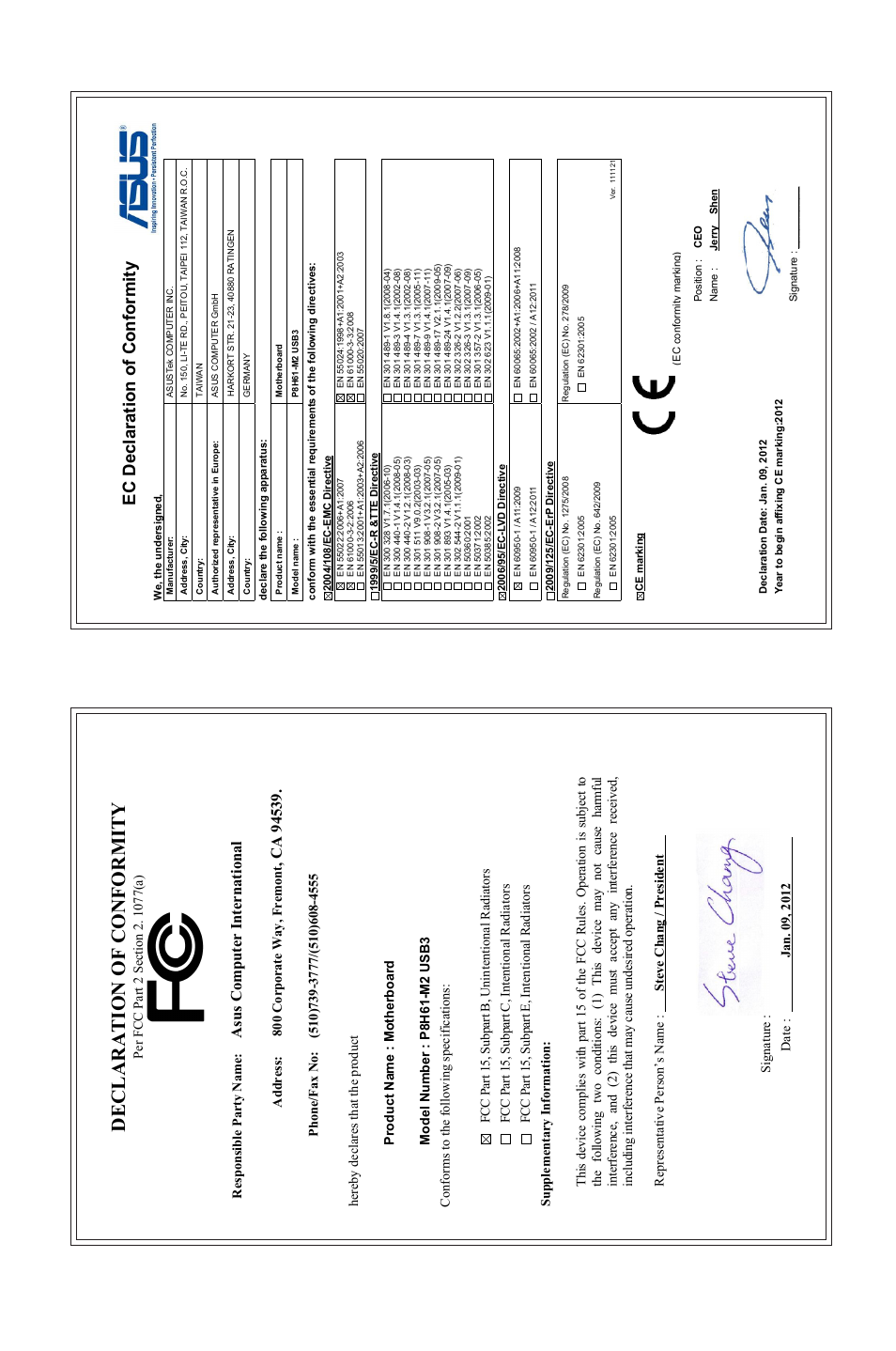 Declaration of conformity, Ec declaration of conformity, Asu s c om pu te r in te rn at io na l | Asus P8H61-M2 USB3 User Manual | Page 62 / 62