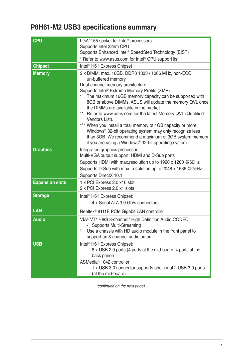 P8h61-m2 usb3 specifications summary | Asus P8H61-M2 USB3 User Manual | Page 9 / 62