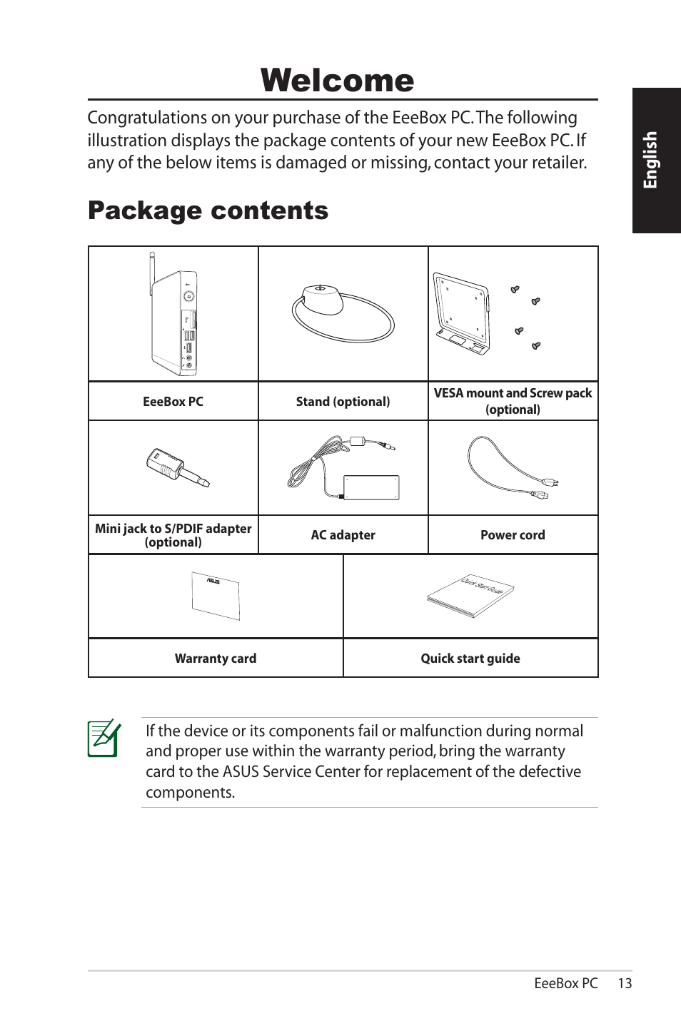 Welcome, Package contents, English | Asus EB1007 User Manual | Page 13 / 102