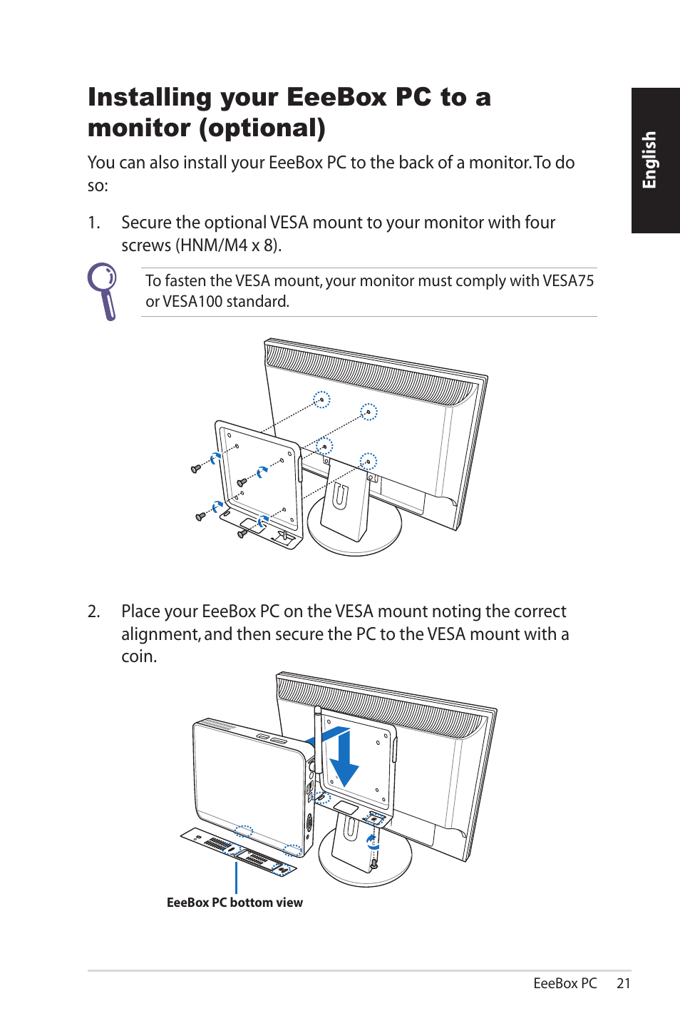 Installing your eeebox pc to a monitor (optional) | Asus EB1007 User Manual | Page 21 / 102