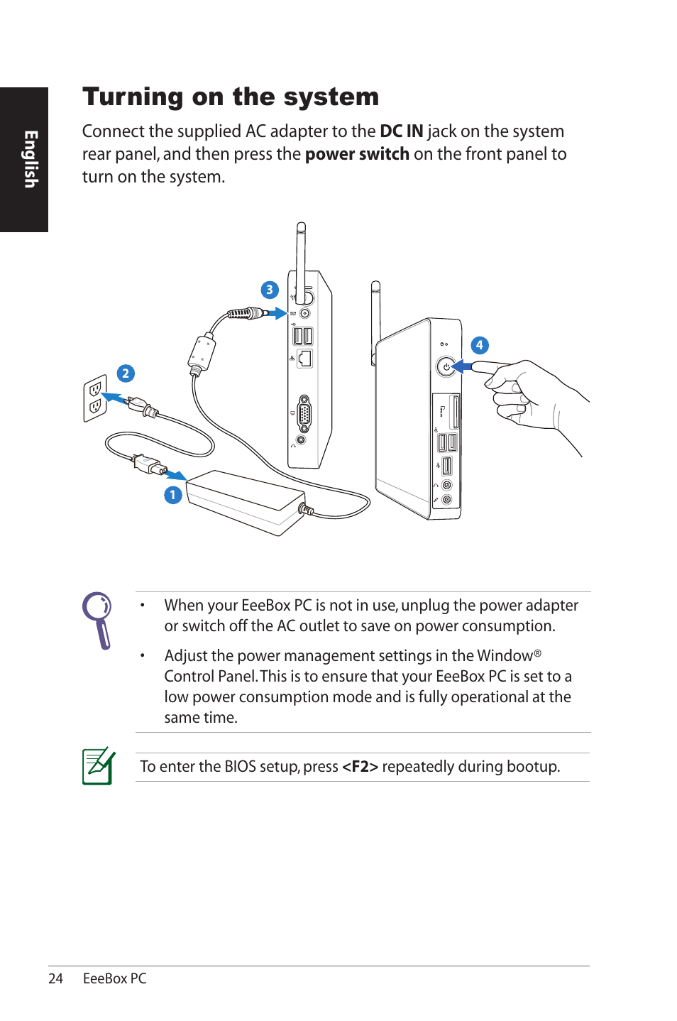 Turning on the system | Asus EB1007 User Manual | Page 24 / 102