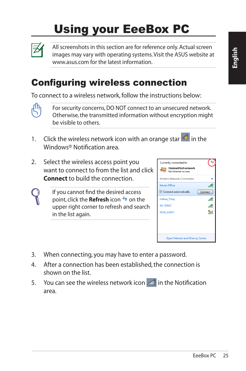 Using your eeebox pc, Configuring wireless connection | Asus EB1007 User Manual | Page 25 / 102