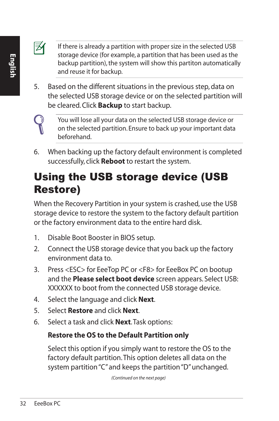 Using the usb storage device (usb restore) | Asus EB1007 User Manual | Page 32 / 102