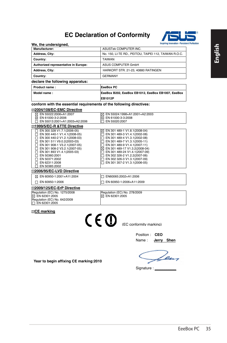 English, Ec declaration of conformity, Eeebox pc 35 | Asus EB1007 User Manual | Page 35 / 102