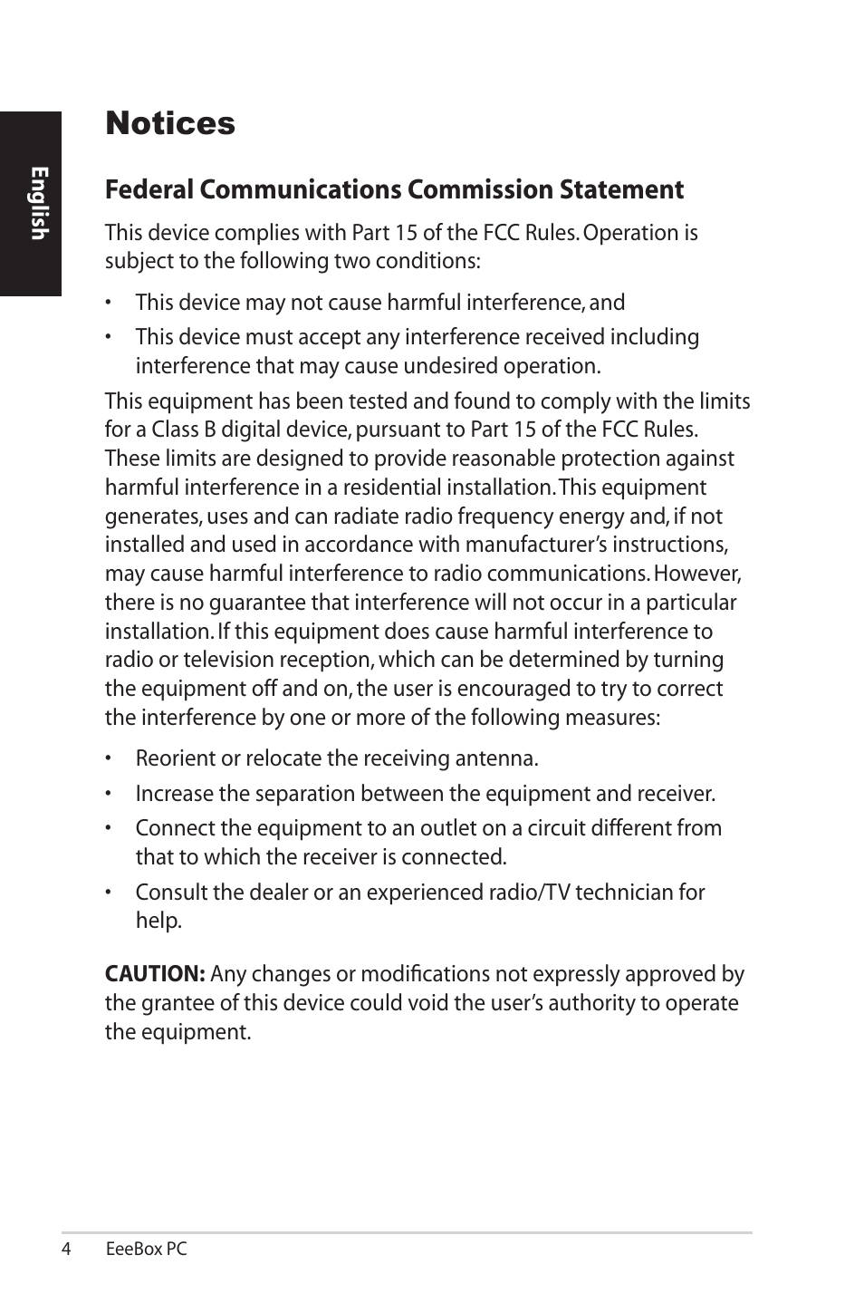 Notices, Federal communications commission statement | Asus EB1007 User Manual | Page 4 / 102