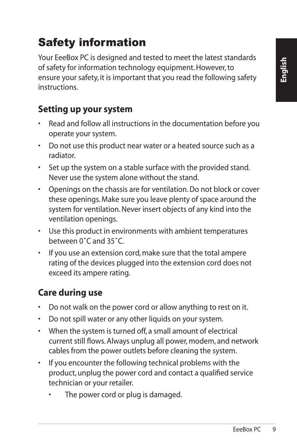 Safety information, Setting up your system, Care during use | Asus EB1007 User Manual | Page 9 / 102