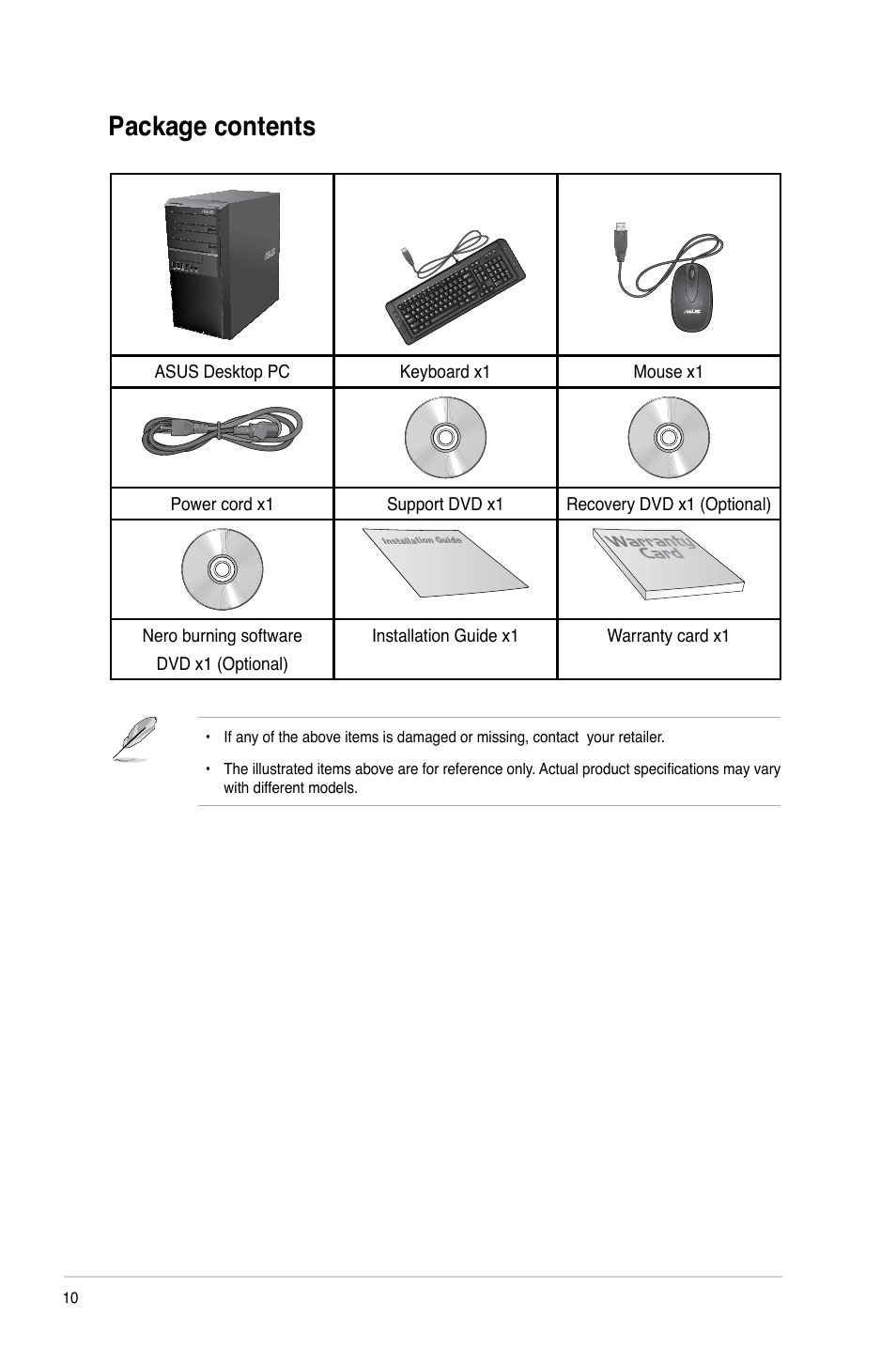 Package contents | Asus BP1AE User Manual | Page 10 / 100