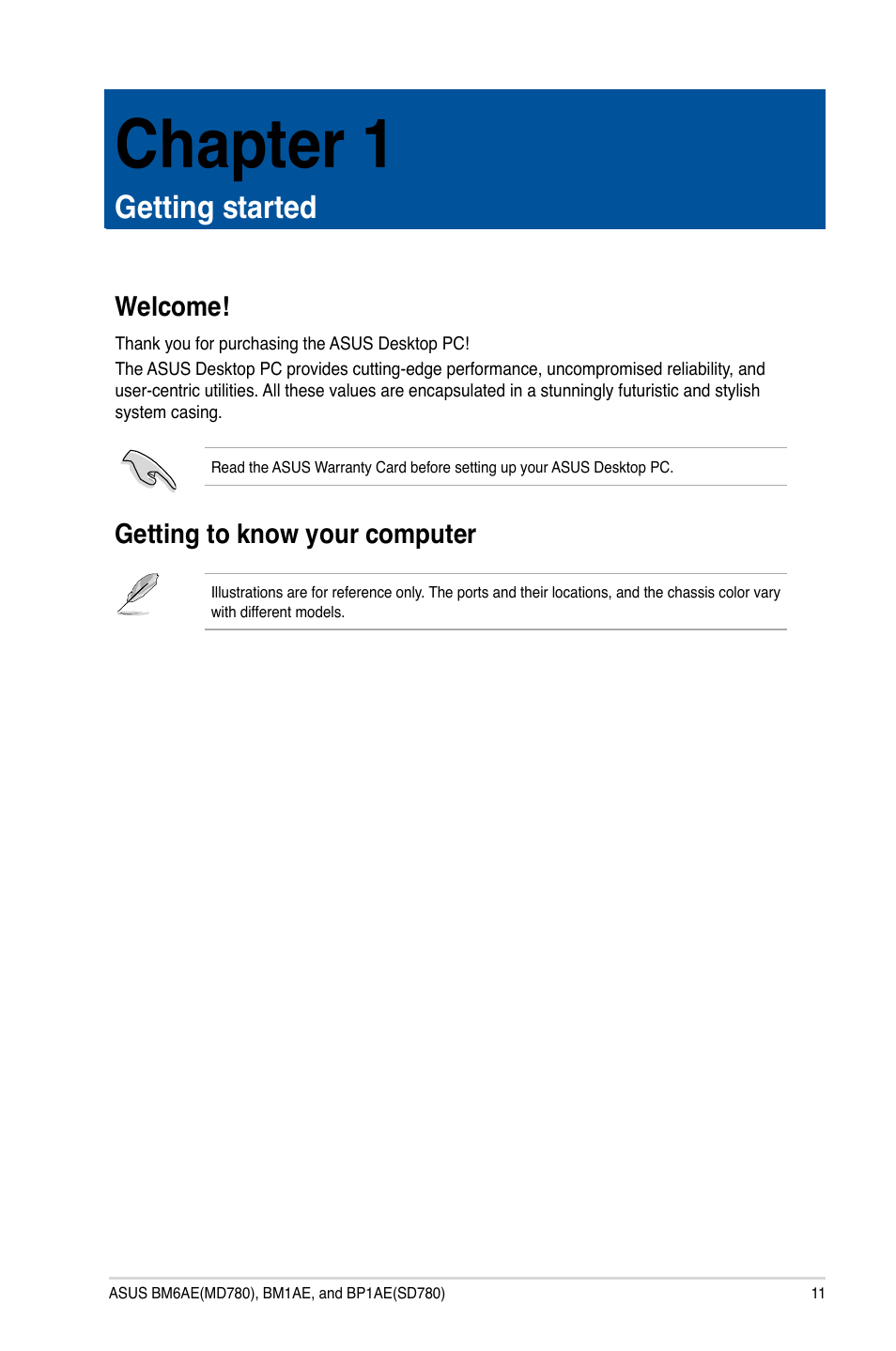 Chapter 1, Getting started, Welcome | Getting to know your computer, Welcome! getting to know your computer | Asus BP1AE User Manual | Page 11 / 100