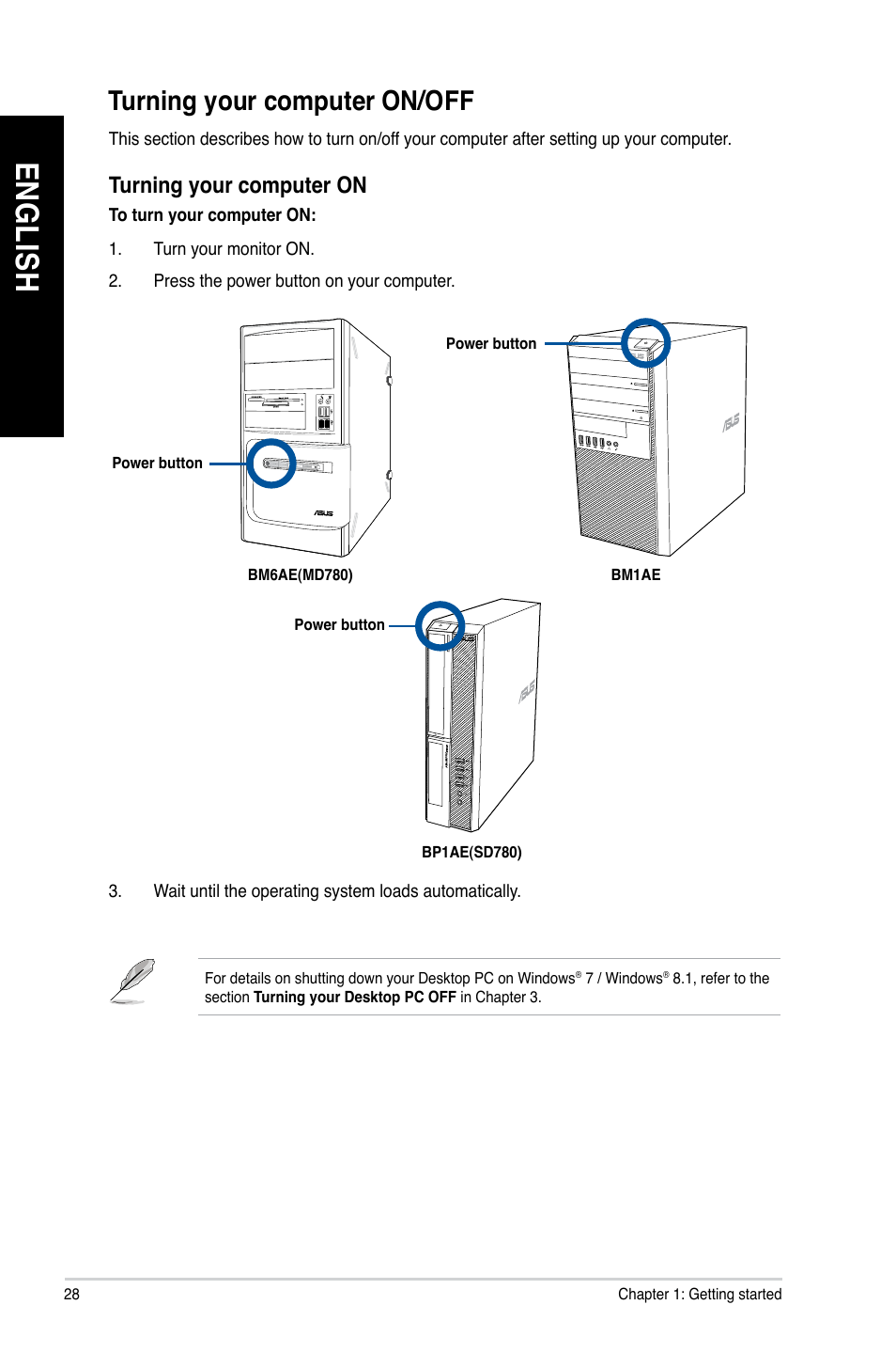 Turning your computer on/off, En gl is h en gl is h | Asus BP1AE User Manual | Page 28 / 100