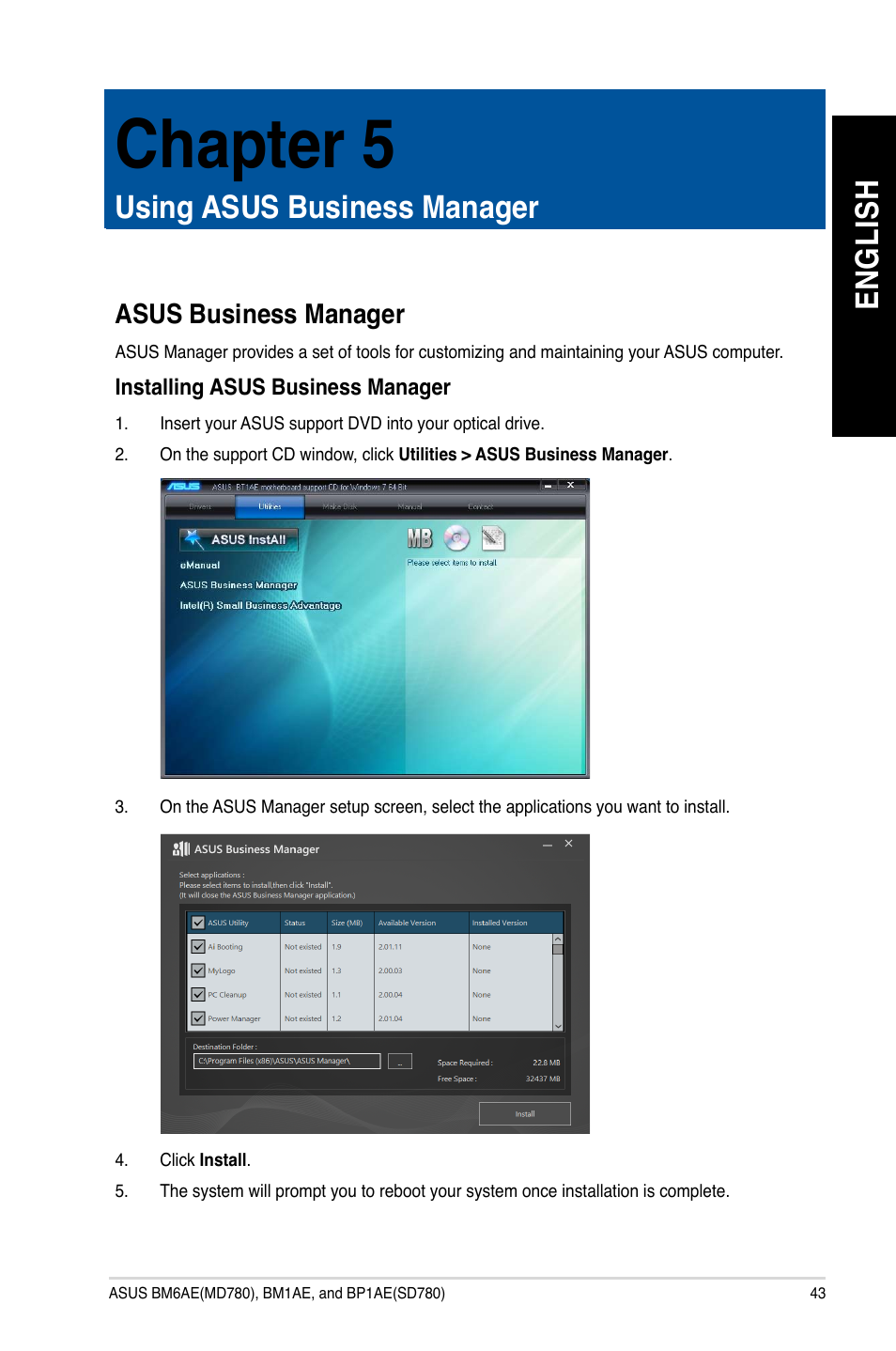 Chapter 5, Using asus business manager, Asus business manager | En gl is h en gl is h | Asus BP1AE User Manual | Page 43 / 100