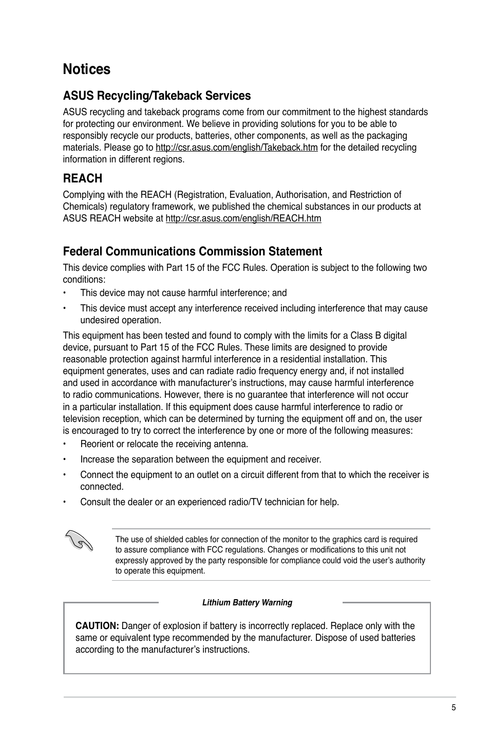 Notices, Asus recycling/takeback services, Reach | Federal communications commission statement | Asus BP1AE User Manual | Page 5 / 100