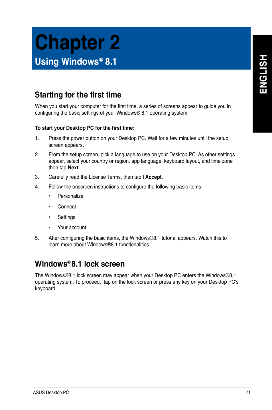 Chapter 2, Using windows® 8.1, Starting for the first time | Windows® 8.1 lock screen, Using windows, Starting for the first time windows, 1 lock screen, En gl is h en gl is h | Asus BP1AE User Manual | Page 71 / 100