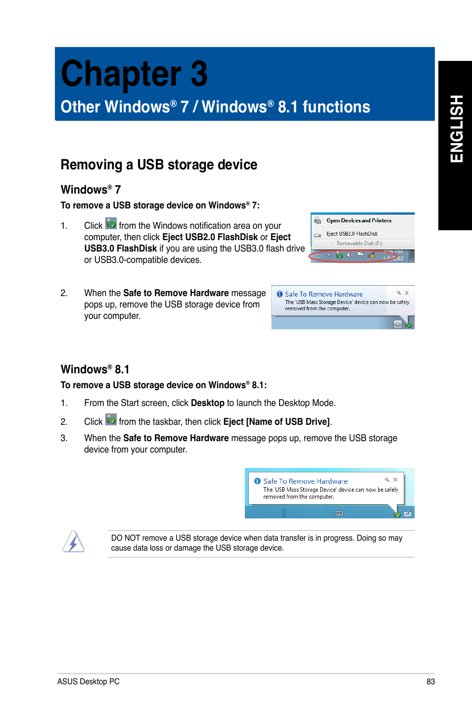 Chapter 3, Other windows® 7 / windows® 8.1 functions, Removing a usb storage device | Other windows, 7 / windows, 1 functions, En gl is h en gl is h | Asus BP1AE User Manual | Page 83 / 100