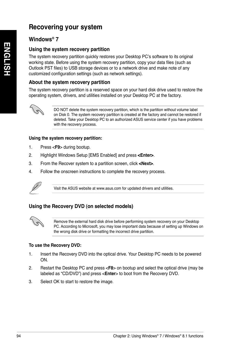 Recovering your system, En gl is h en gl is h en gl is h en gl is h | Asus BP1AE User Manual | Page 94 / 100