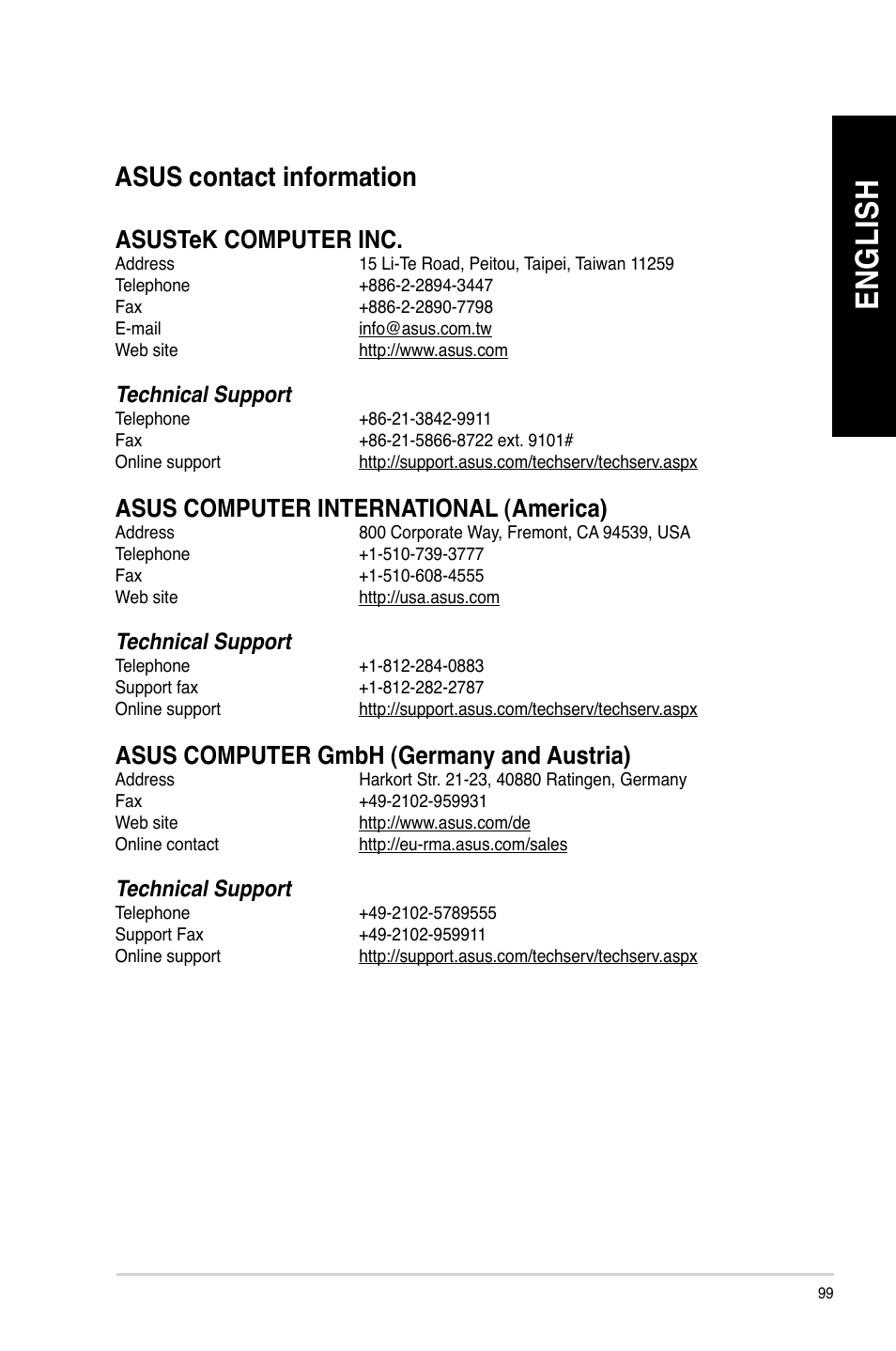 Asus contact information, En gl is h en gl is h, Asustek computer inc | Asus computer international (america), Asus computer gmbh (germany and austria) | Asus BP1AE User Manual | Page 99 / 100