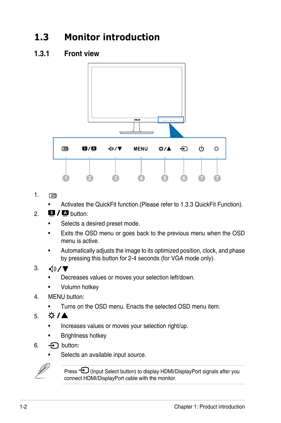 3 monitor introduction, 1 front view, Front view -2 | Asus VS278Q User Manual | Page 10 / 25