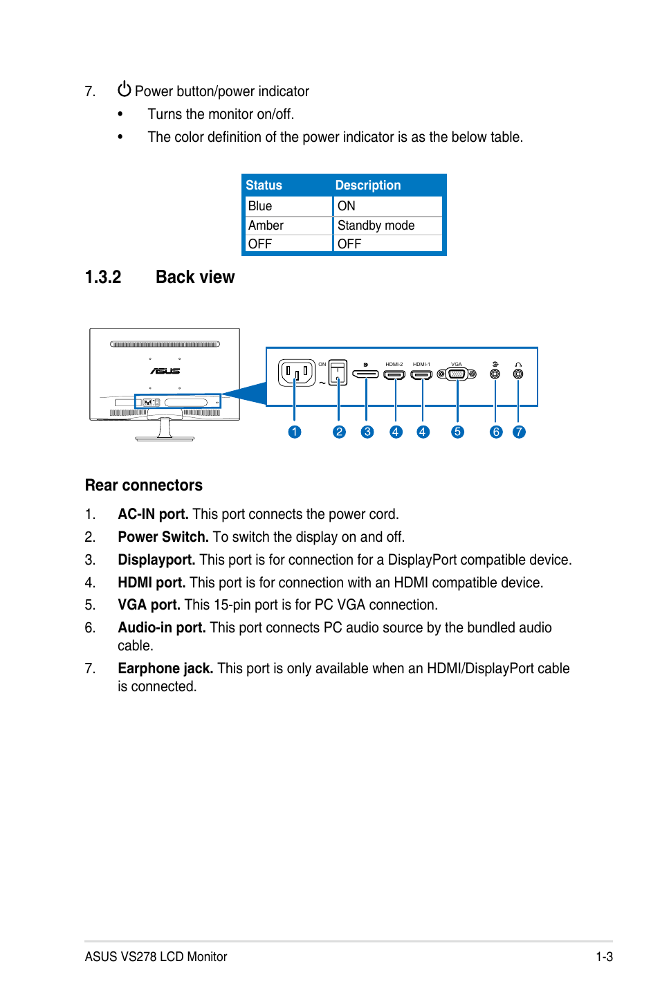 2 back view, Back view -3, Rear connectors | Asus VS278Q User Manual | Page 11 / 25