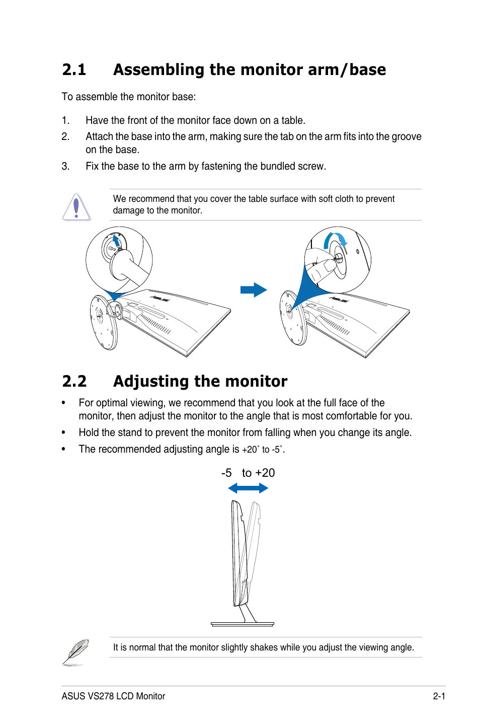 Chapter 2: setup, 1 assembling the monitor arm/base, 2 adjusting the monitor | Assembling the monitor arm/base -1, Adjusting the monitor -1 | Asus VS278Q User Manual | Page 15 / 25