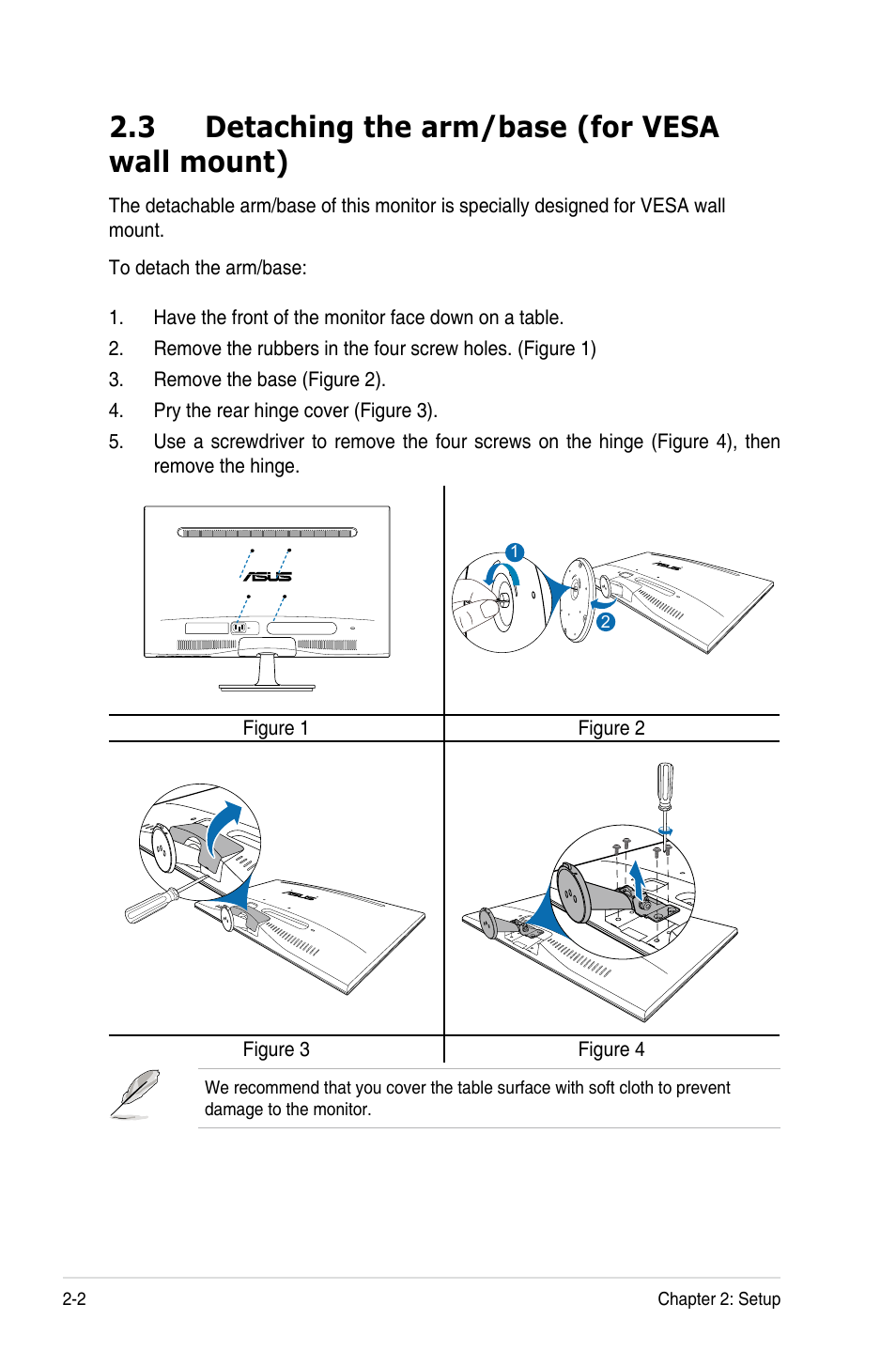 3 detaching the arm/base (for vesa wall mount), Detaching the arm/base (for vesa wall mount) -2 | Asus VS278Q User Manual | Page 16 / 25
