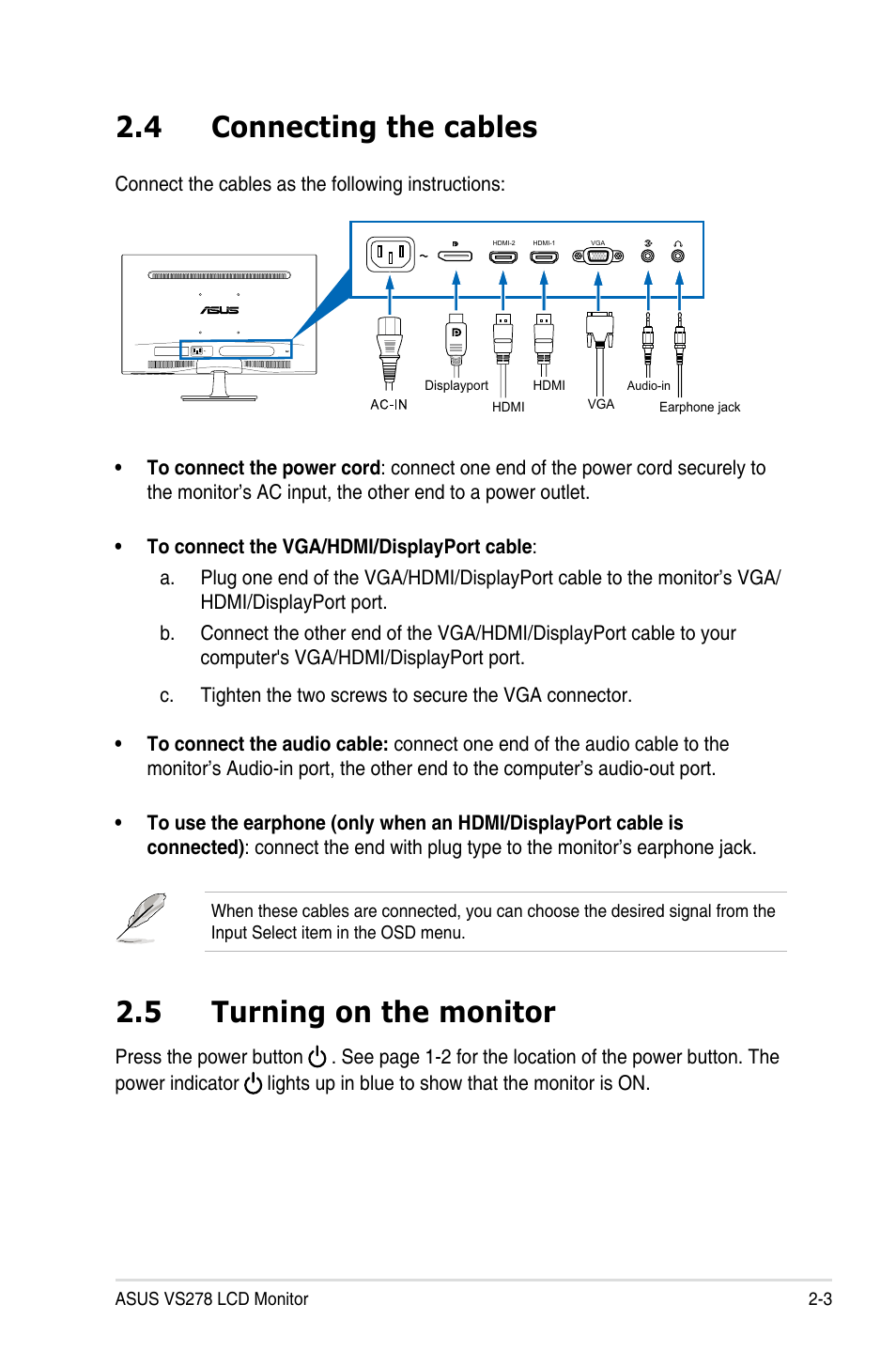 4 connecting the cables, 5 turning on the monitor, Connecting the cables -3 | Turning on the monitor -3 | Asus VS278Q User Manual | Page 17 / 25