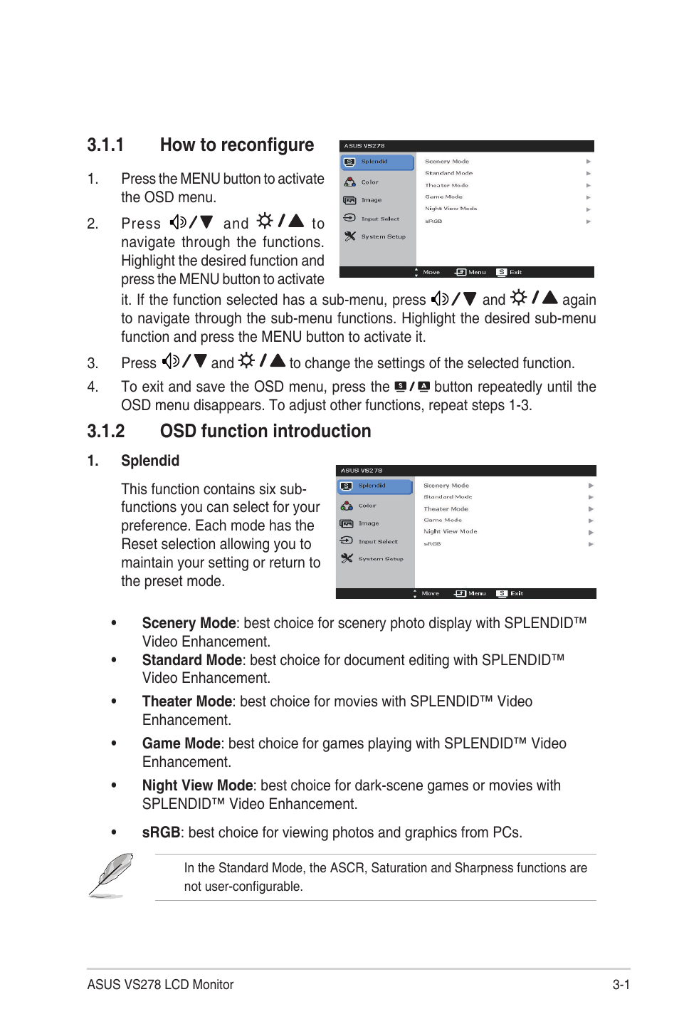 Chapter 3: general instructions, 1 osd (on-screen display) menu, 1 how to reconfigure | 2 osd function introduction, Osd (on-screen display) menu -1 3.1.1, How to reconfigure -1, Osd function introduction -1 | Asus VS278Q User Manual | Page 19 / 25