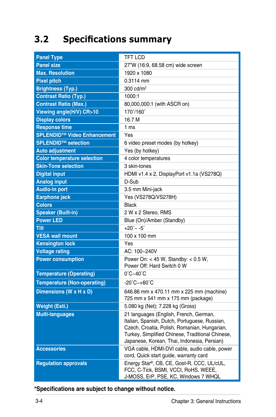 2 specifications summary, Specifications summary -4 | Asus VS278Q User Manual | Page 22 / 25