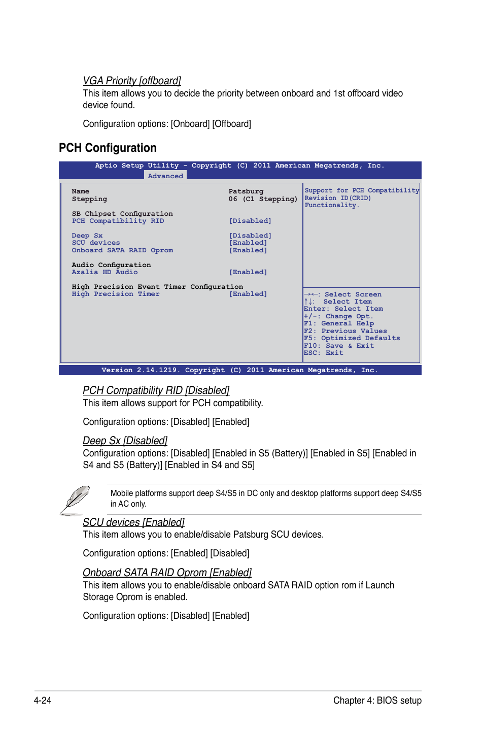 Pch configuration, Pch compatibility rid [disabled, Deep sx [disabled | Scu devices [enabled, Onboard sata raid oprom [enabled, Vga priority [offboard, 24 chapter 4: bios setup | Asus ESC2000 G2 User Manual | Page 100 / 226