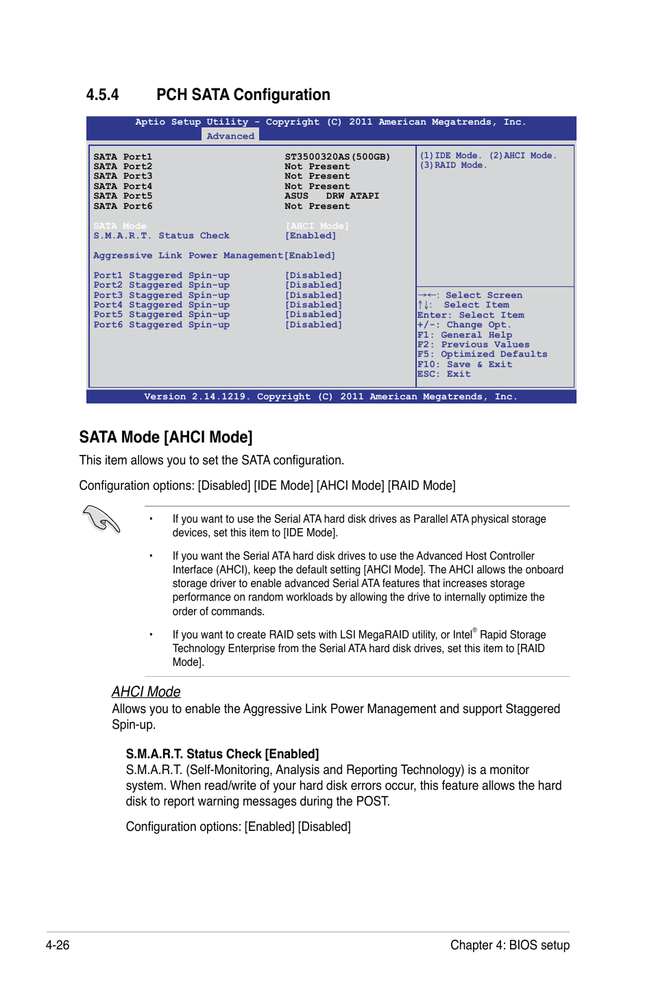 4 pch sata configuration, Pch sata configuration -26, Sata mode [ahci mode | Ahci mode, 26 chapter 4: bios setup | Asus ESC2000 G2 User Manual | Page 102 / 226