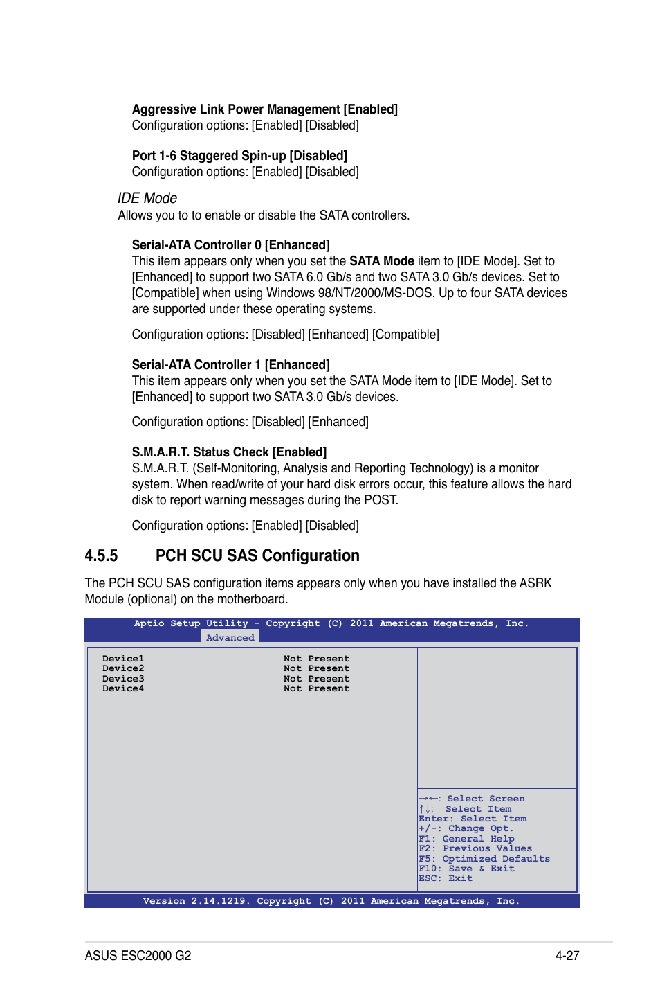 5 pch scu sas configuration, Pch scu sas configuration -27, Ide mode | Asus ESC2000 G2 User Manual | Page 103 / 226