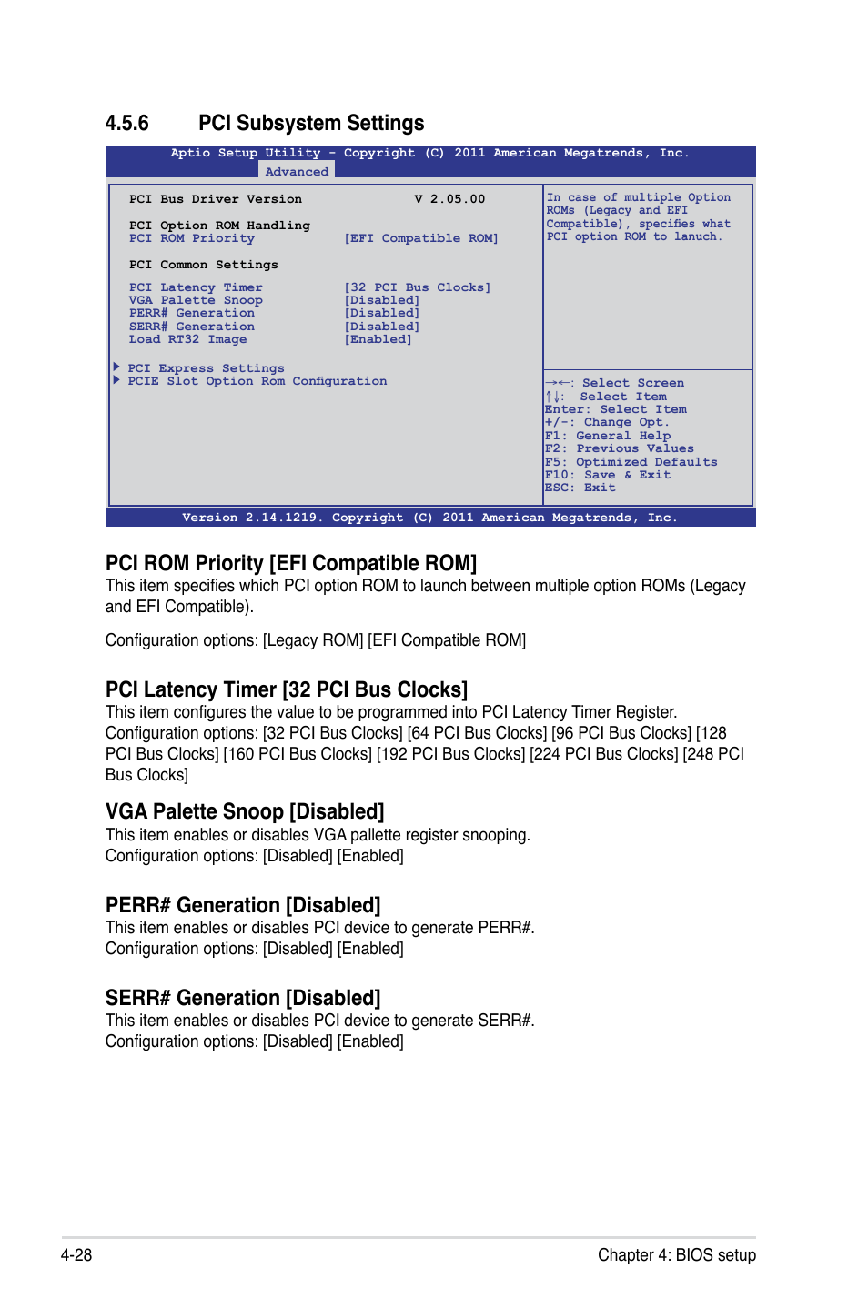 6 pci subsystem settings, Pci subsystem settings -28, Pci rom priority [efi compatible rom | Pci latency timer [32 pci bus clocks, Vga palette snoop [disabled, Perr# generation [disabled, Serr# generation [disabled | Asus ESC2000 G2 User Manual | Page 104 / 226