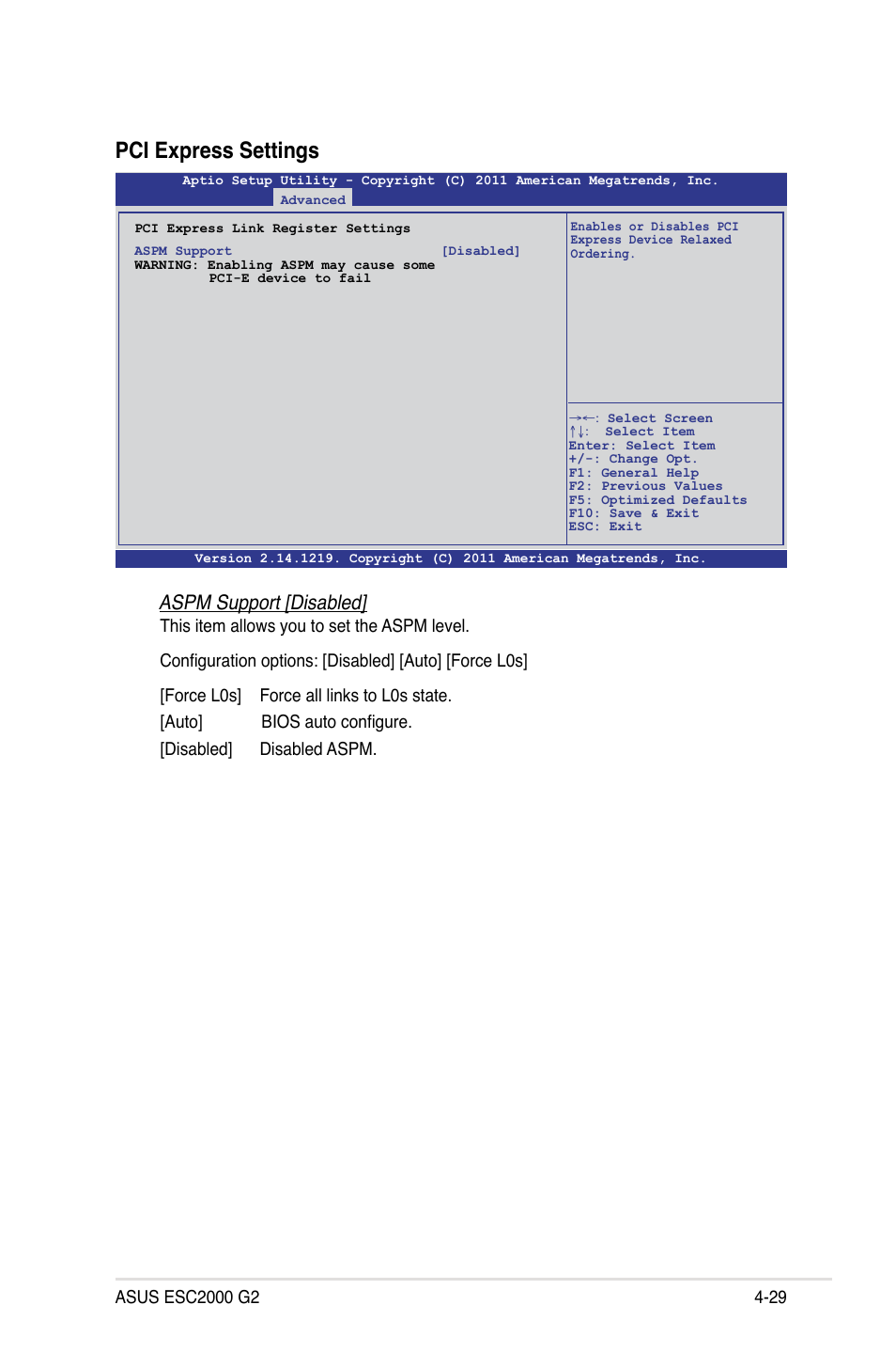 Pci express settings, Aspm support [disabled | Asus ESC2000 G2 User Manual | Page 105 / 226