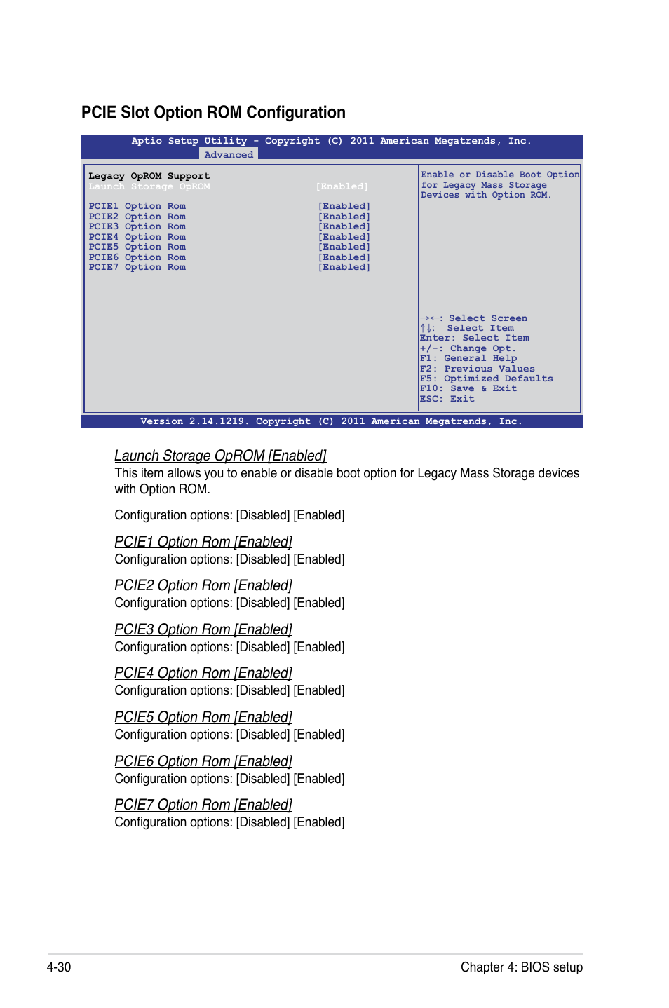 Pcie slot option rom configuration, Launch storage oprom [enabled, Pcie1 option rom [enabled | Pcie2 option rom [enabled, Pcie3 option rom [enabled, Pcie4 option rom [enabled, Pcie5 option rom [enabled, Pcie6 option rom [enabled, Pcie7 option rom [enabled | Asus ESC2000 G2 User Manual | Page 106 / 226