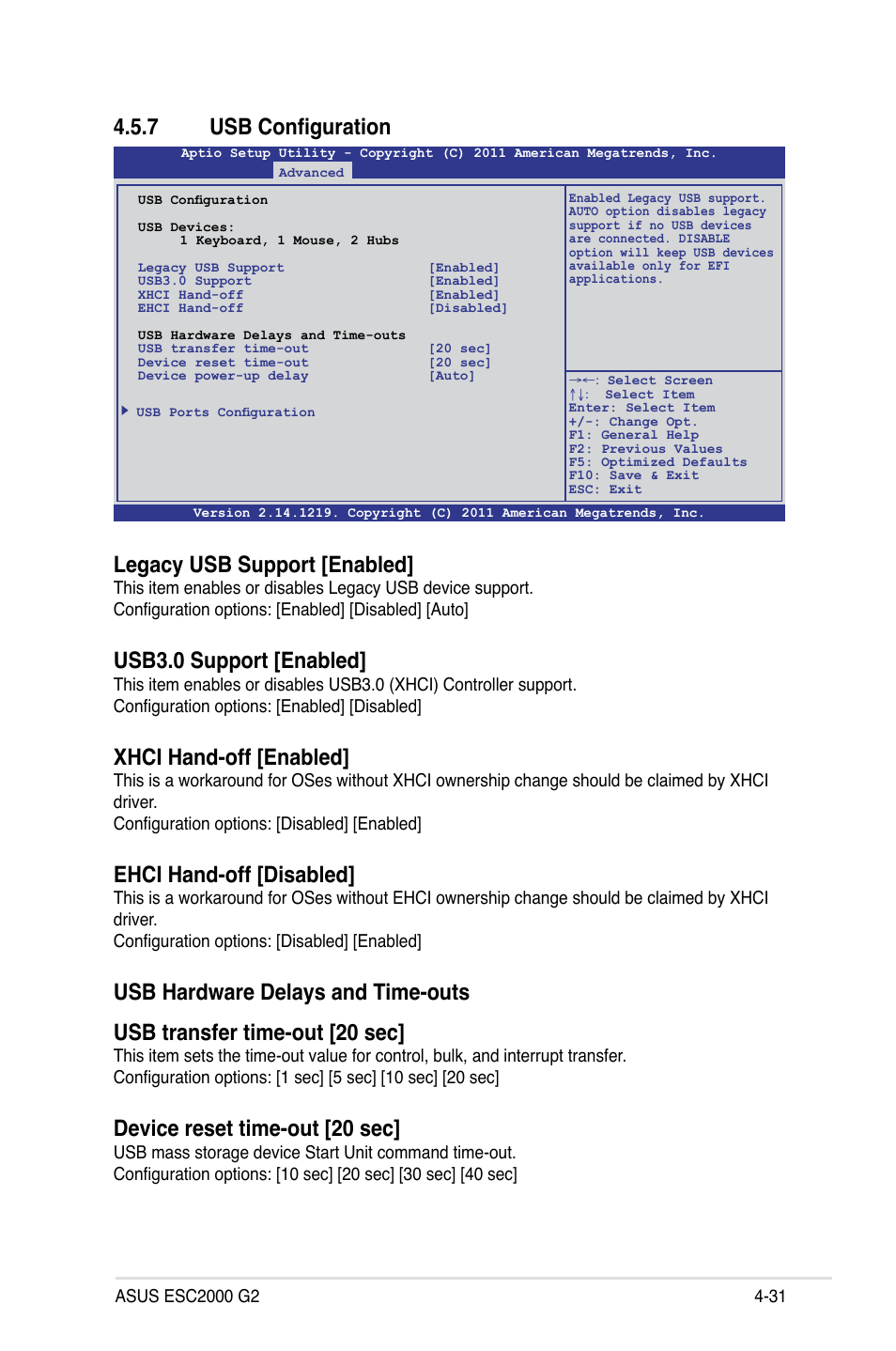 7 usb configuration, Usb configuration -31, Legacy usb support [enabled | Usb3.0 support [enabled, Xhci hand-off [enabled, Ehci hand-off [disabled, Device reset time-out [20 sec | Asus ESC2000 G2 User Manual | Page 107 / 226