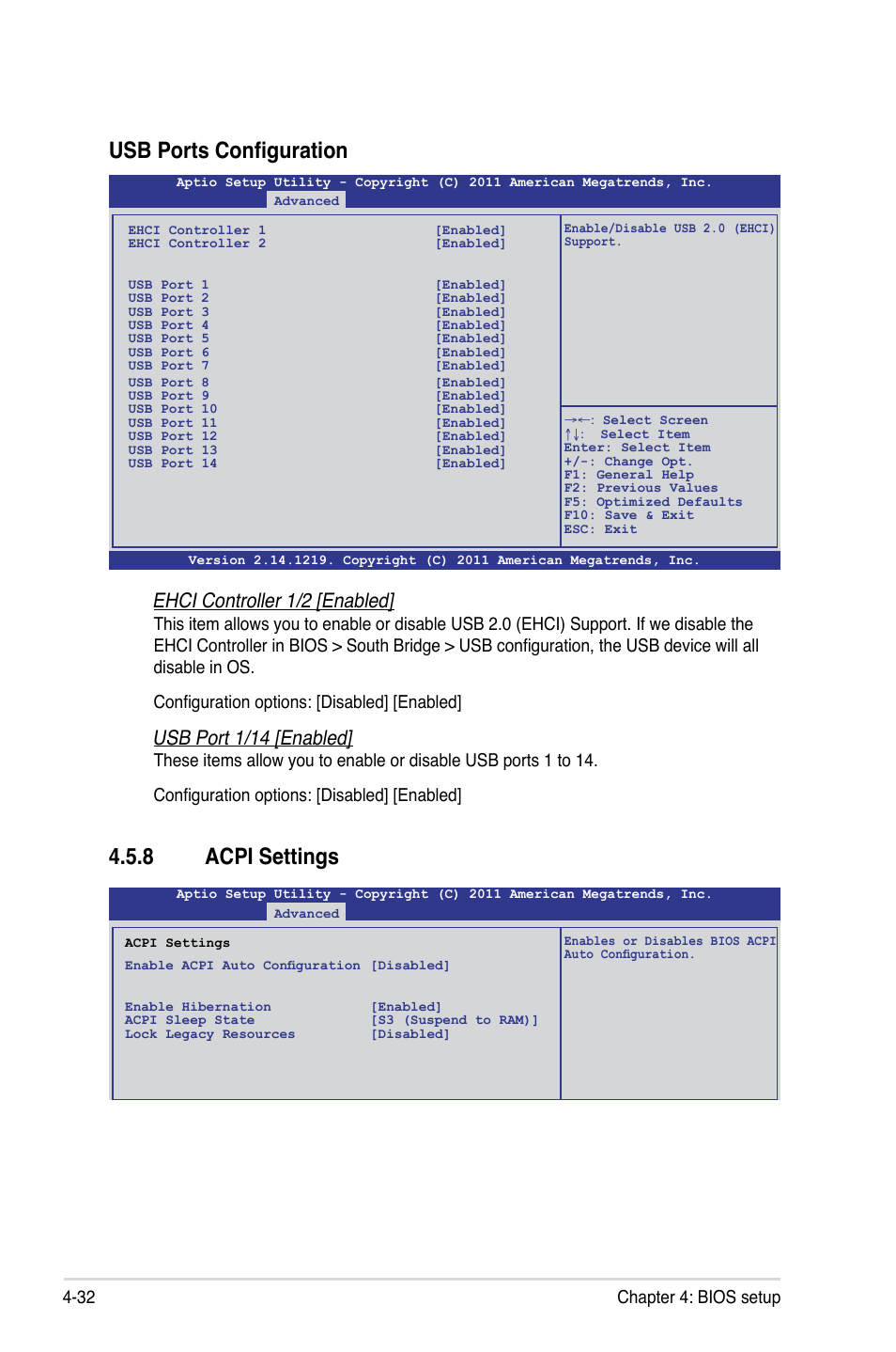 8 acpi settings, Acpi settings -32, Usb ports configuration | Ehci controller 1/2 [enabled, Usb port 1/14 [enabled, 32 chapter 4: bios setup | Asus ESC2000 G2 User Manual | Page 108 / 226