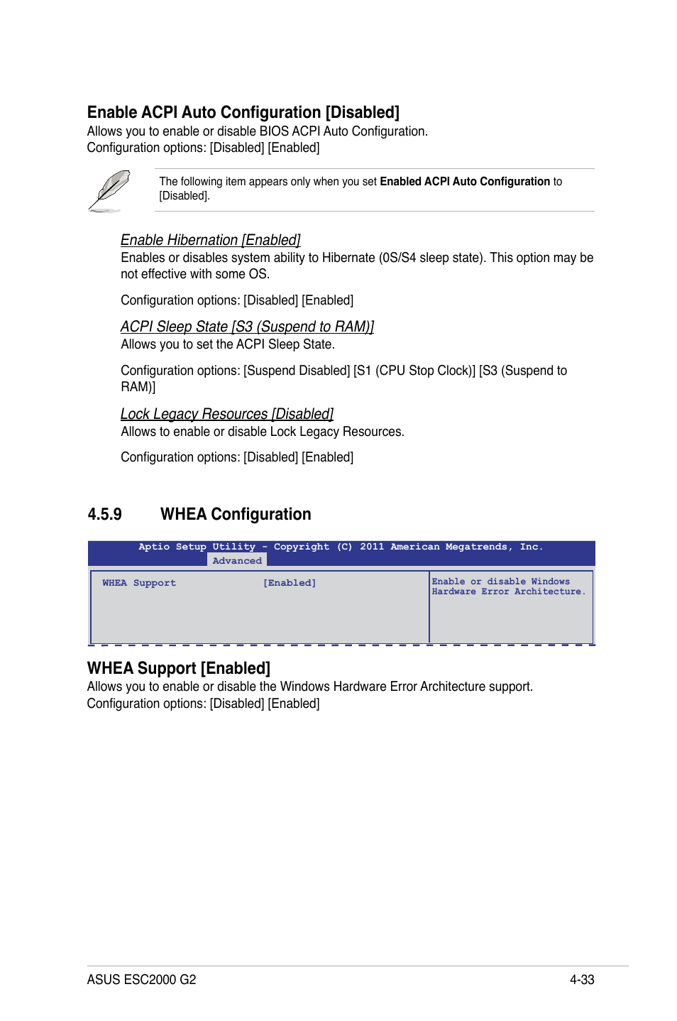 9 whea configuration, Whea configuration -33, Enable acpi auto configuration [disabled | Whea support [enabled | Asus ESC2000 G2 User Manual | Page 109 / 226