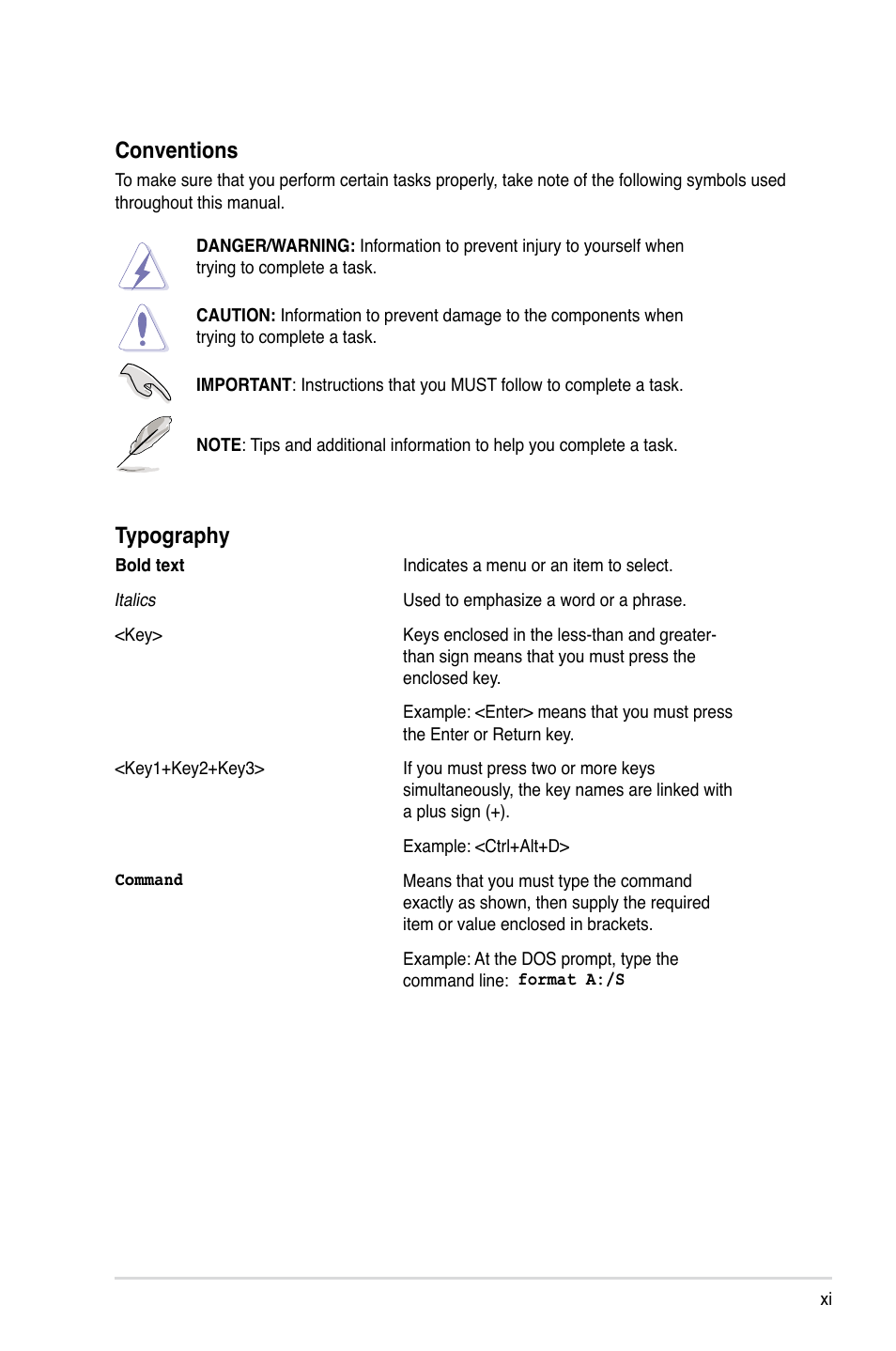 Conventions, Typography | Asus ESC2000 G2 User Manual | Page 11 / 226