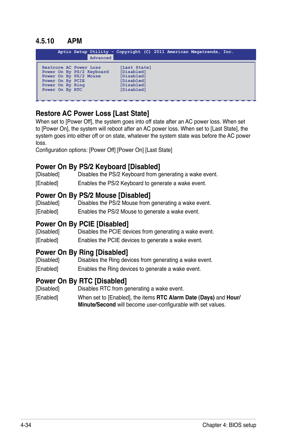 10 apm, 10 apm -34, Restore ac power loss [last state | Power on by ps/2 keyboard [disabled, Power on by ps/2 mouse [disabled, Power on by pcie [disabled, Power on by ring [disabled, Power on by rtc [disabled | Asus ESC2000 G2 User Manual | Page 110 / 226