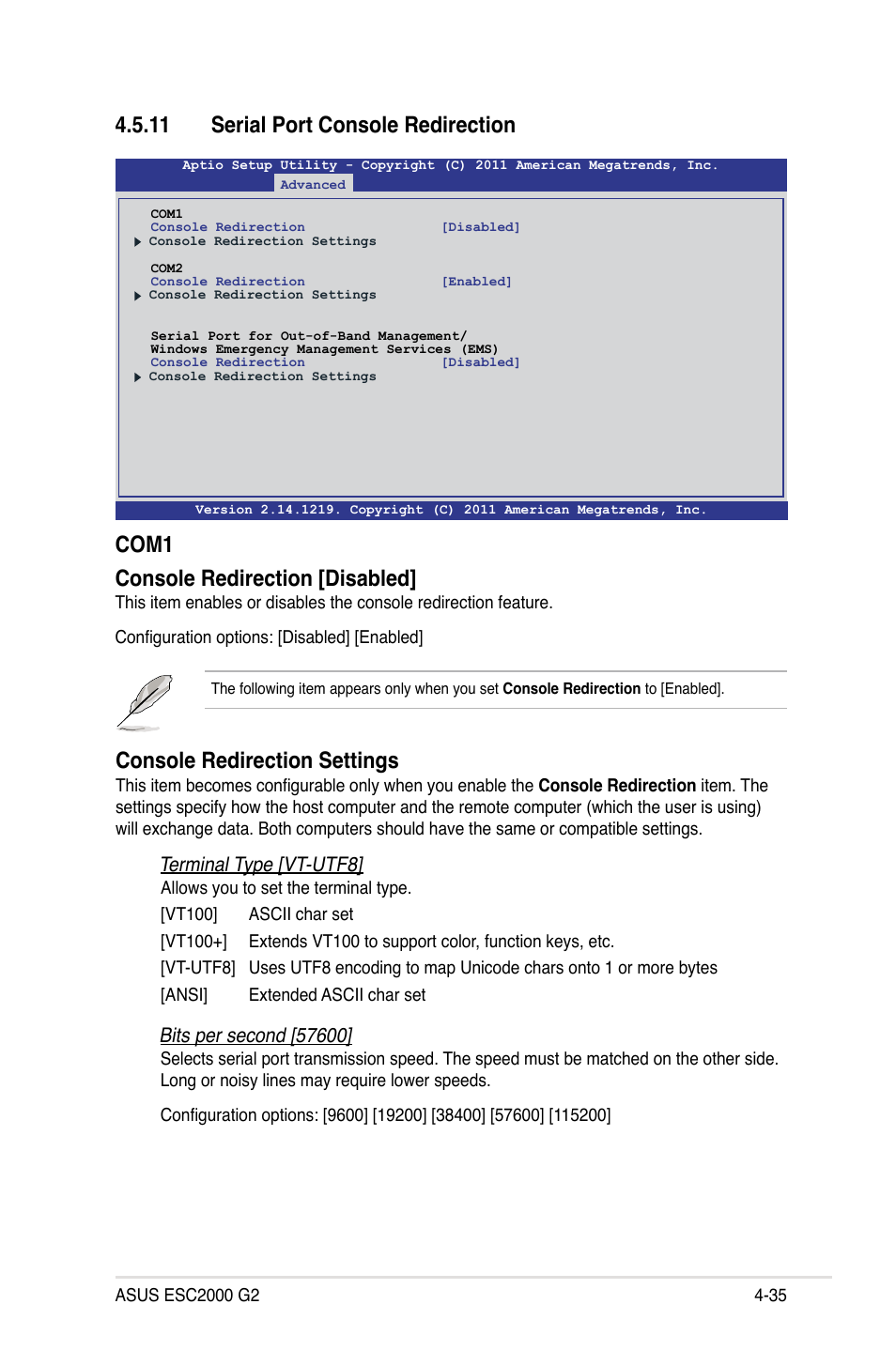 11 serial port console redirection, 11 serial port console redirection -35, Console redirection settings | Com1 console redirection [disabled, Terminal type [vt-utf8 | Asus ESC2000 G2 User Manual | Page 111 / 226