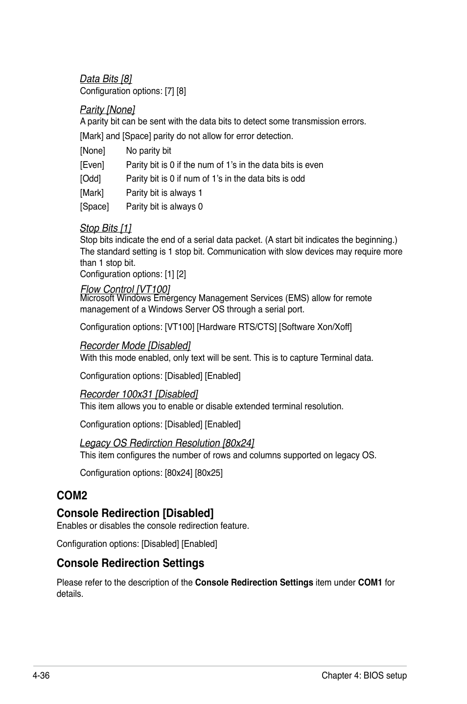 Com2 console redirection [disabled, Console redirection settings | Asus ESC2000 G2 User Manual | Page 112 / 226