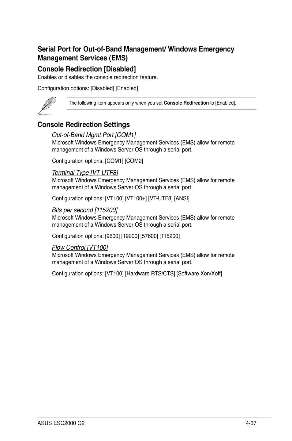 Console redirection settings | Asus ESC2000 G2 User Manual | Page 113 / 226