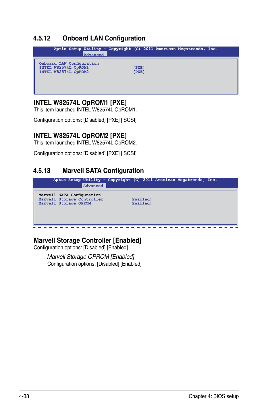 12 onboard lan configuration, 13 marvell sata configuration, Marvell storage controller [enabled | Marvell storage oprom [enabled | Asus ESC2000 G2 User Manual | Page 114 / 226