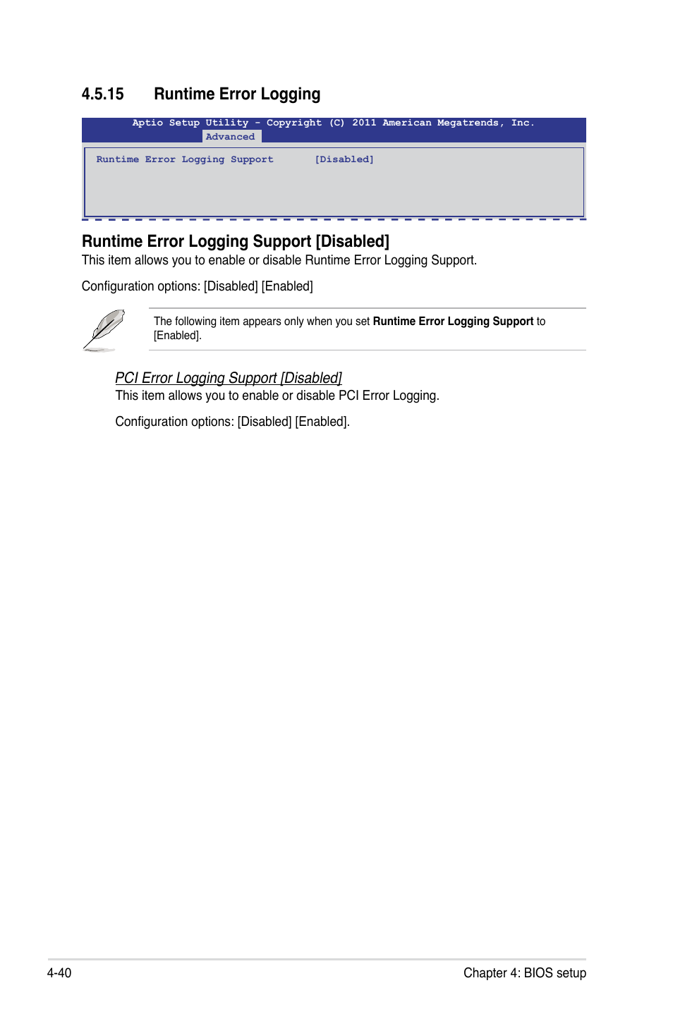 15 runtime error logging, 15 runtime error logging -40, Runtime error logging support [disabled | Asus ESC2000 G2 User Manual | Page 116 / 226