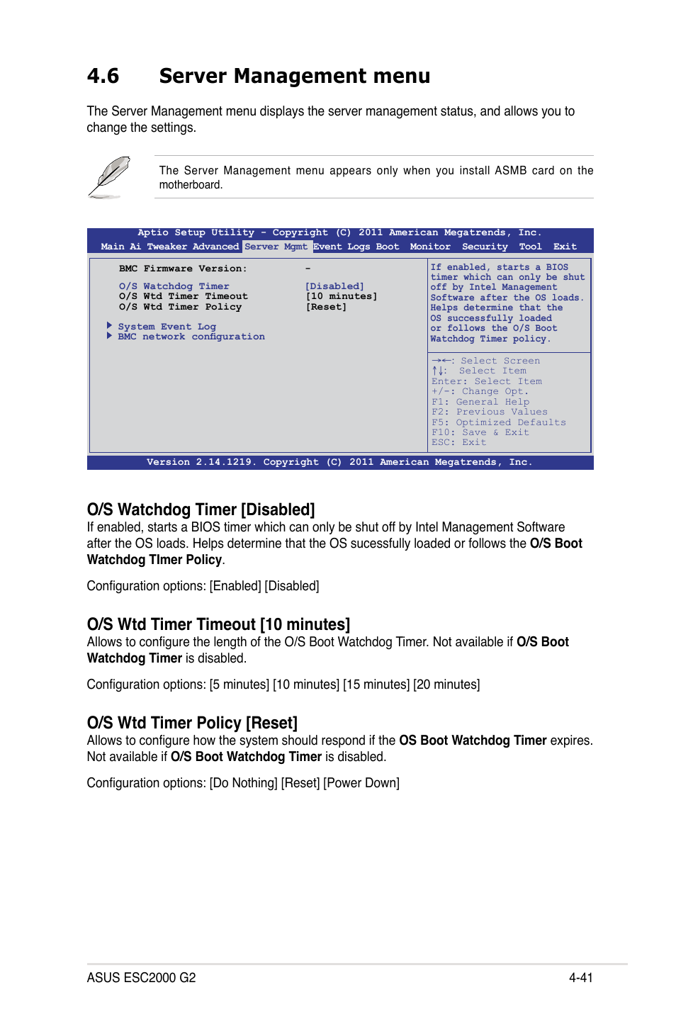 6 server management menu, Server management menu -41, O/s watchdog timer [disabled | O/s wtd timer timeout [10 minutes, O/s wtd timer policy [reset | Asus ESC2000 G2 User Manual | Page 117 / 226