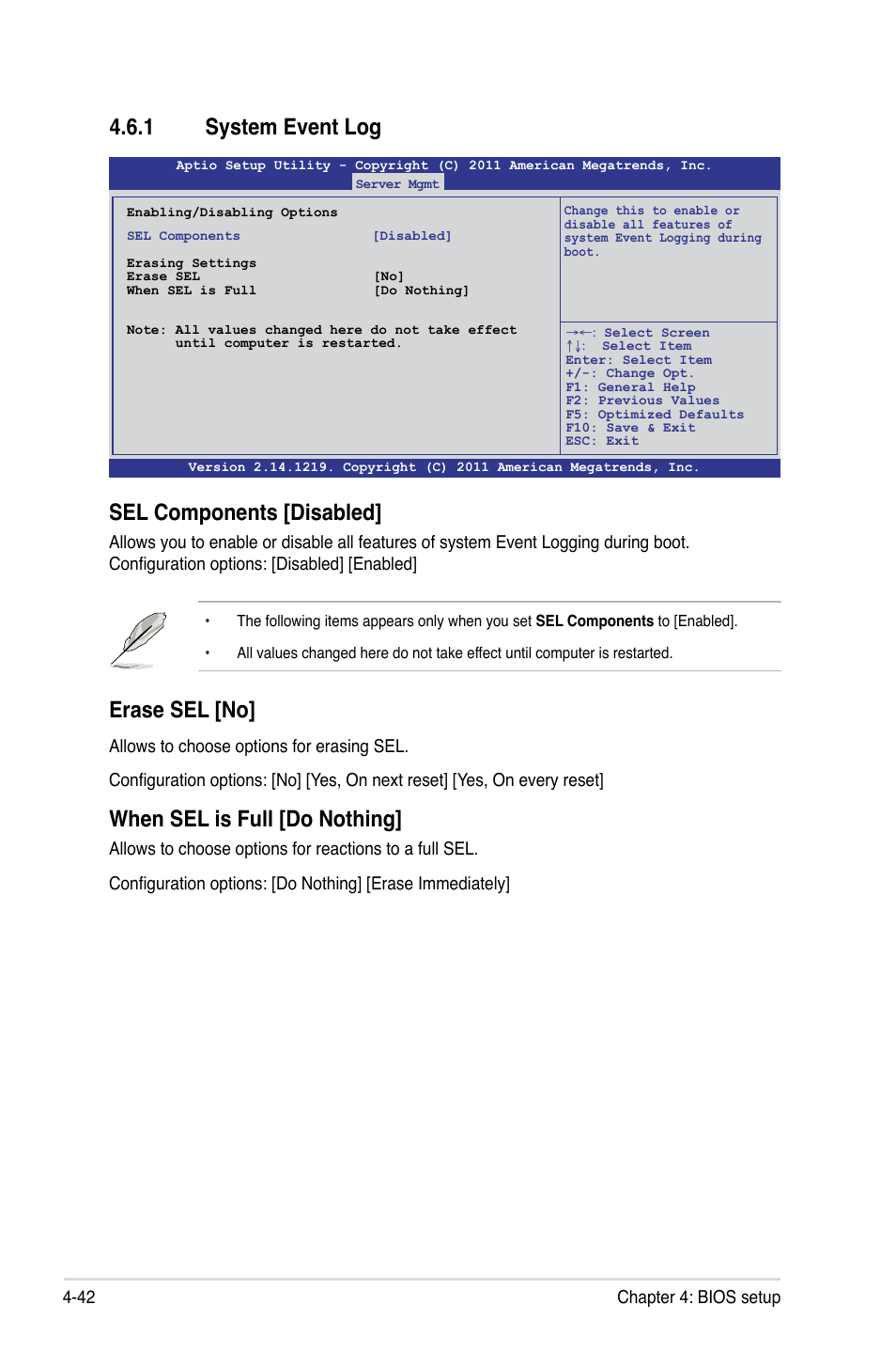 1 system event log, System event log -42, Sel components [disabled | Erase sel [no, When sel is full [do nothing | Asus ESC2000 G2 User Manual | Page 118 / 226