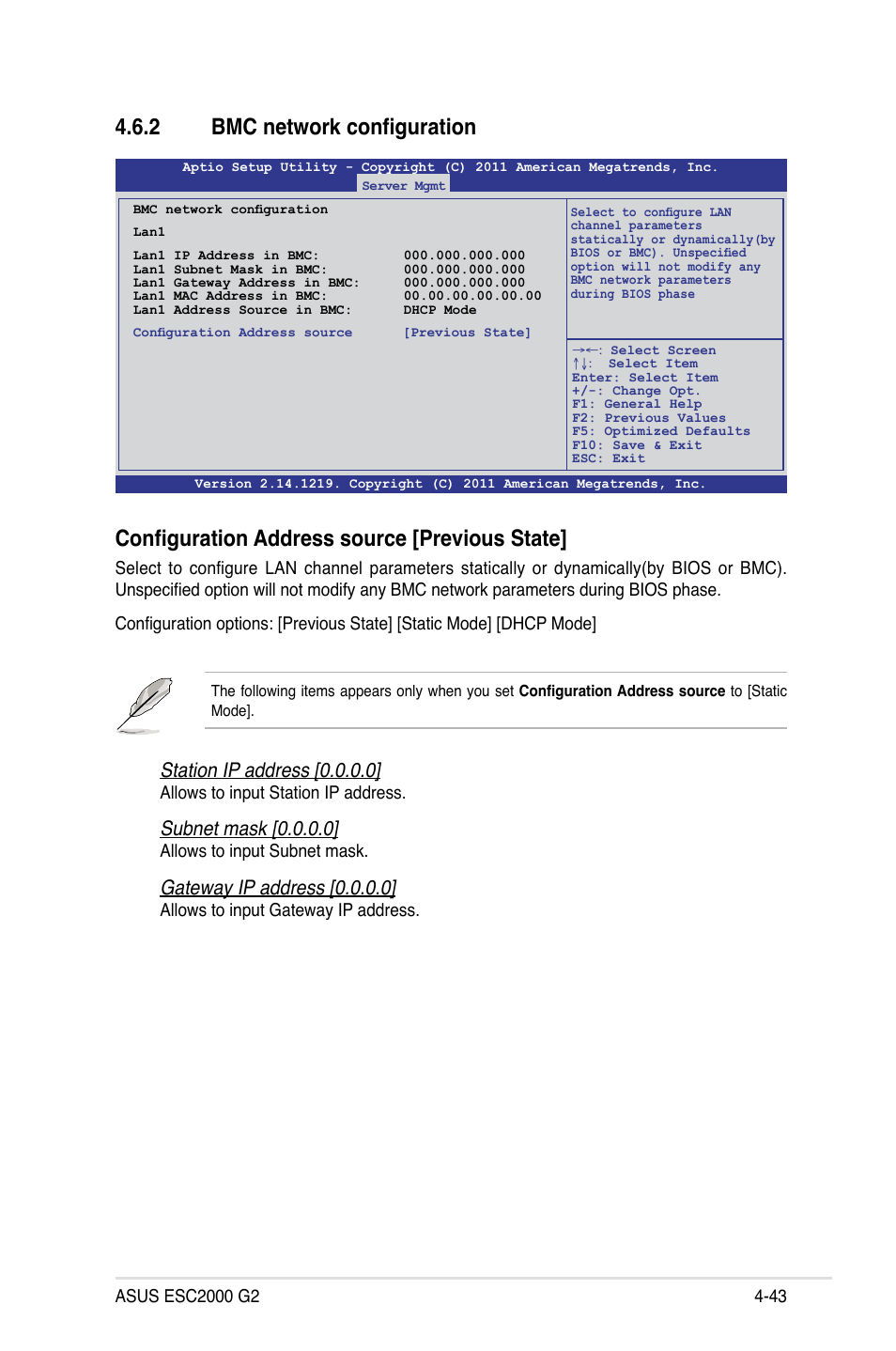 2 bmc network configuration, Bmc network configuration -43, Configuration address source [previous state | Station ip address [0.0.0.0, Subnet mask [0.0.0.0, Gateway ip address [0.0.0.0 | Asus ESC2000 G2 User Manual | Page 119 / 226