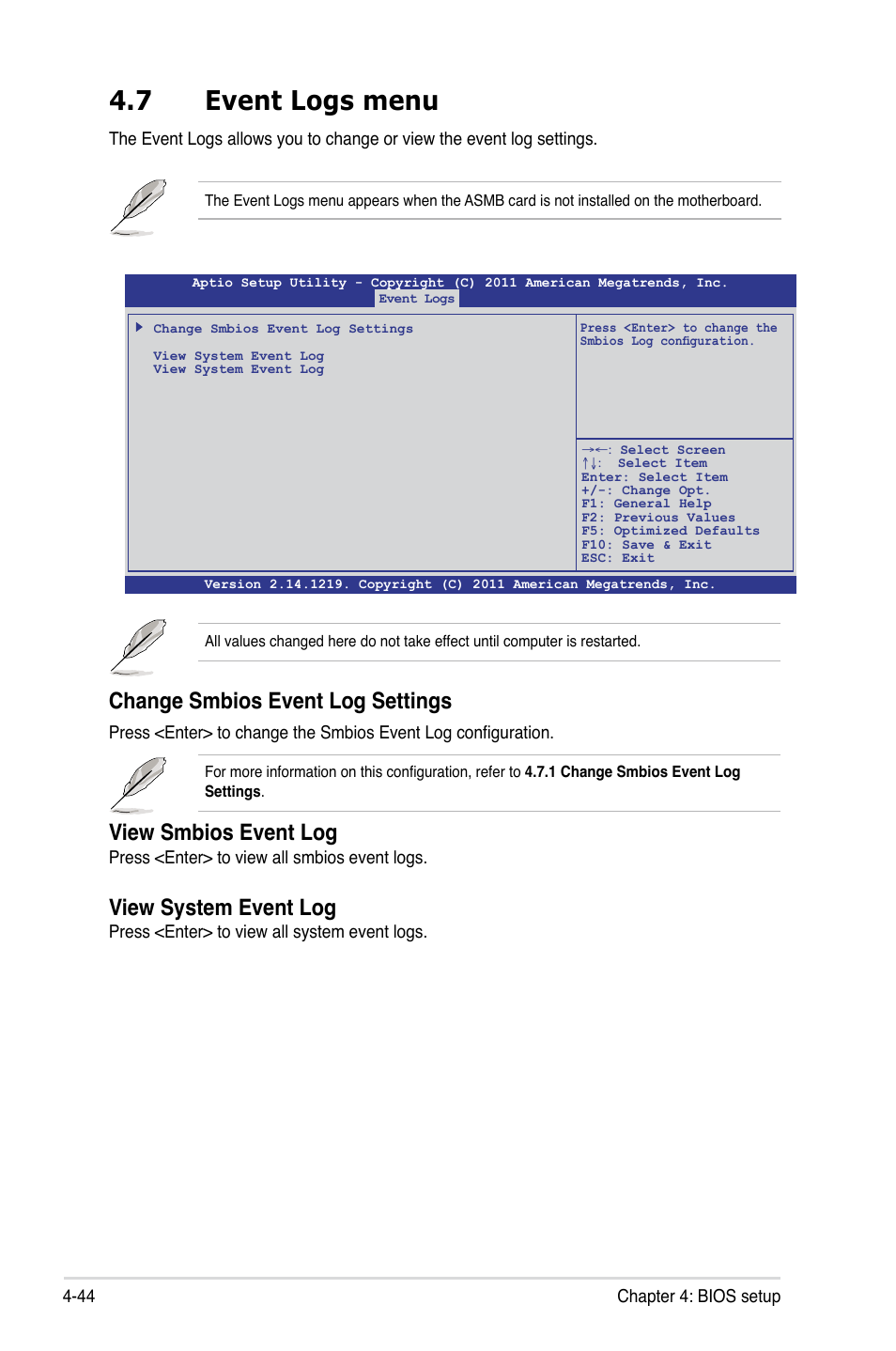 7 event logs menu, Event logs menu -44, Change smbios event log settings | View smbios event log, View system event log | Asus ESC2000 G2 User Manual | Page 120 / 226